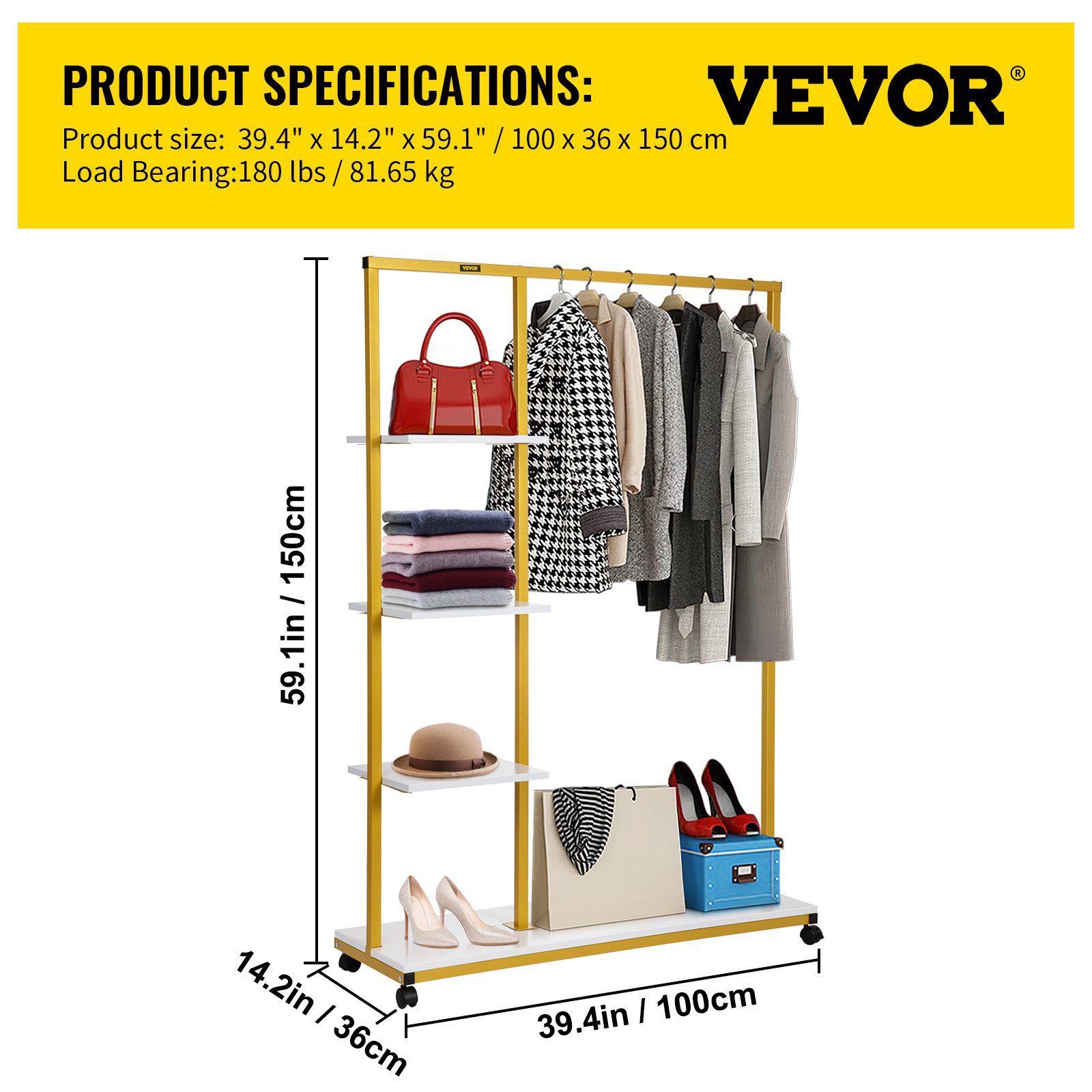 VEVOR Perchero de Ropa 4 Niveles 100x36x150 cm Perchero de Burro Independiente Material de Metal y Madera MDF Capacidad de 180 lbs Perchero de Ropa Resistente con Ruedas para Uso Doméstico o Comercial