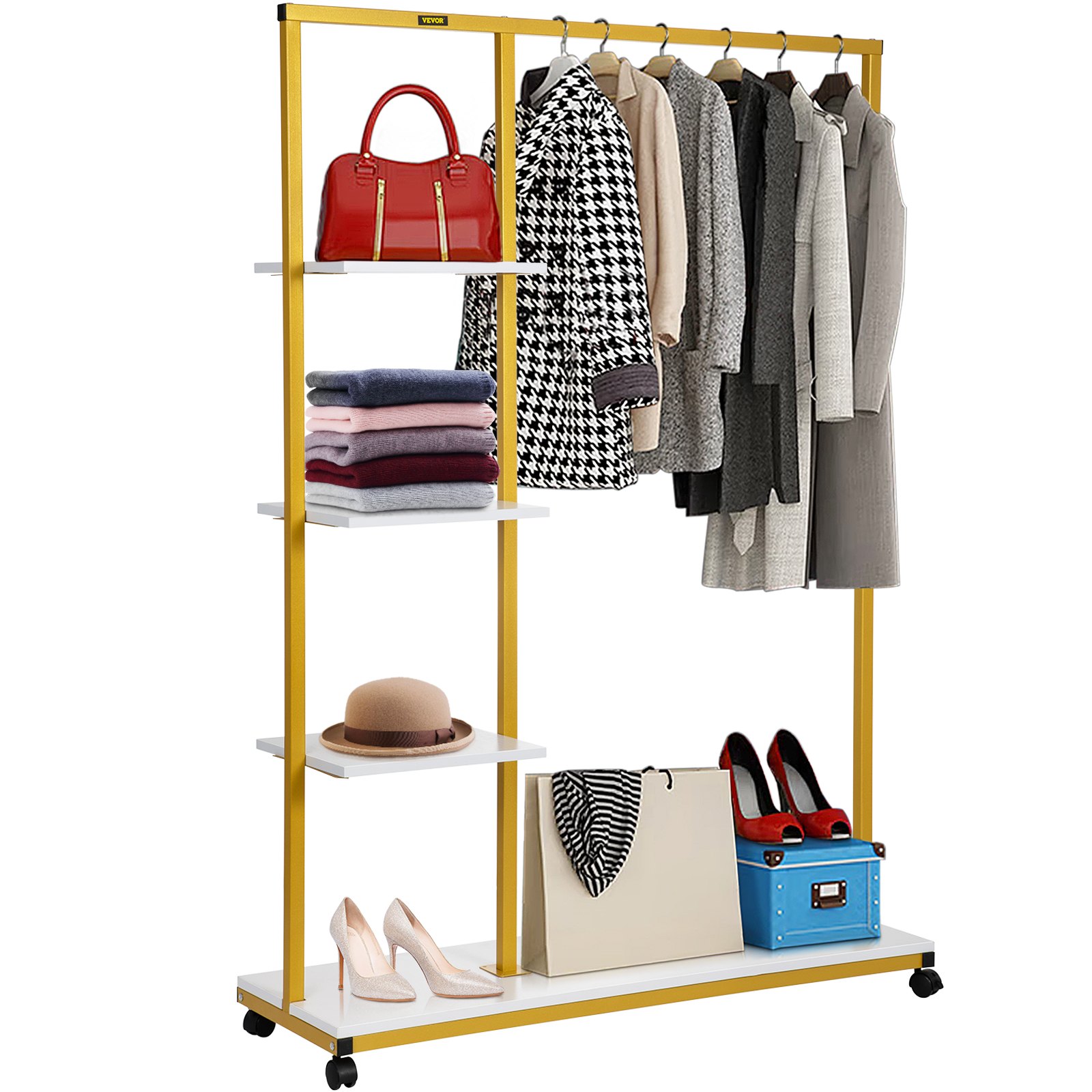 VEVOR Perchero de Ropa 4 Niveles 100x36x150 cm Perchero de Burro Independiente Material de Metal y Madera MDF Capacidad de 180 lbs Perchero de Ropa Resistente con Ruedas para Uso Doméstico o Comercial