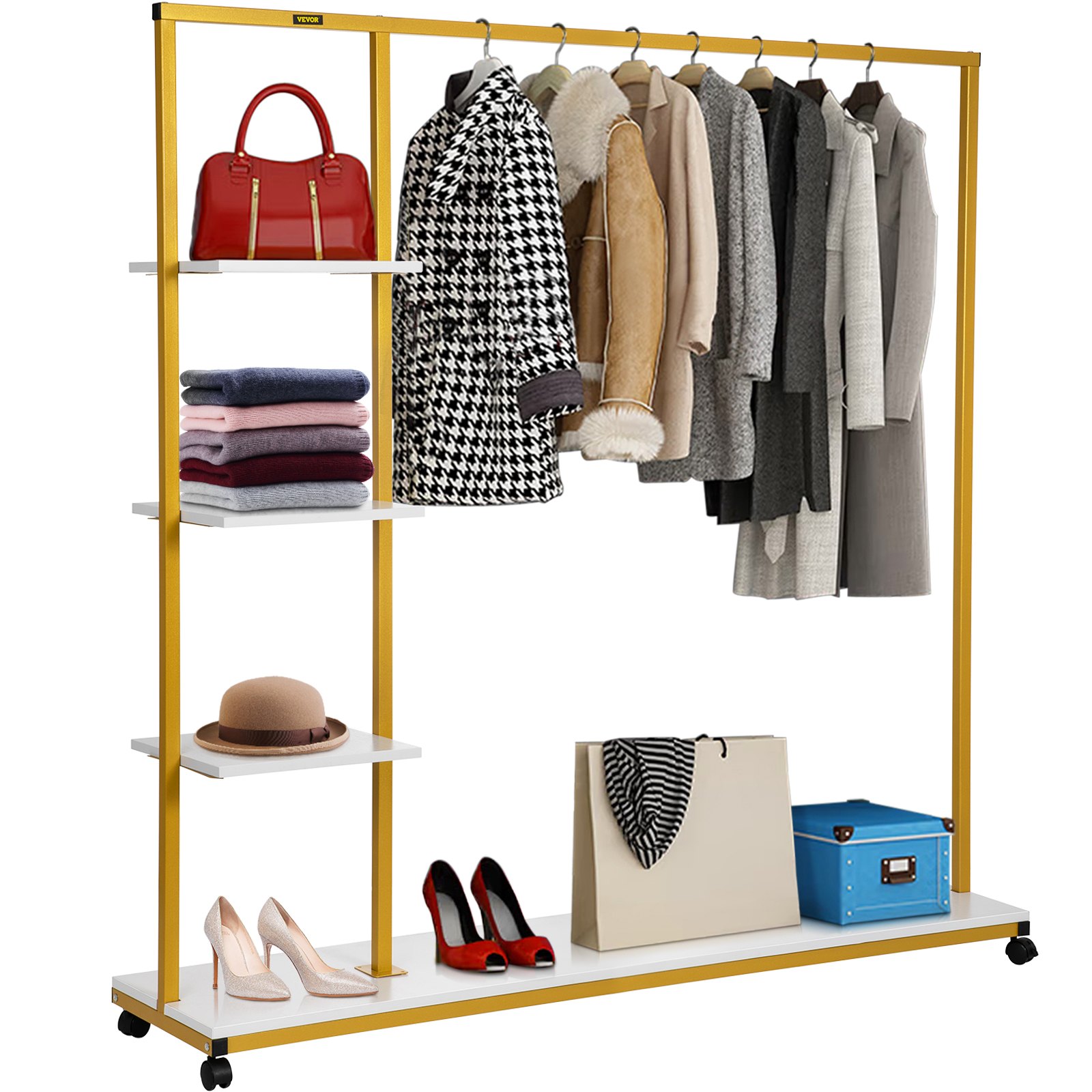 VEVOR Perchero de Ropa 4 Niveles 150x36x160 cm Perchero de Burro Independiente Material de Metal y Madera MDF Capacidad de 180 lbs Perchero de Ropa Resistente con Ruedas para Uso Doméstico o Comercial