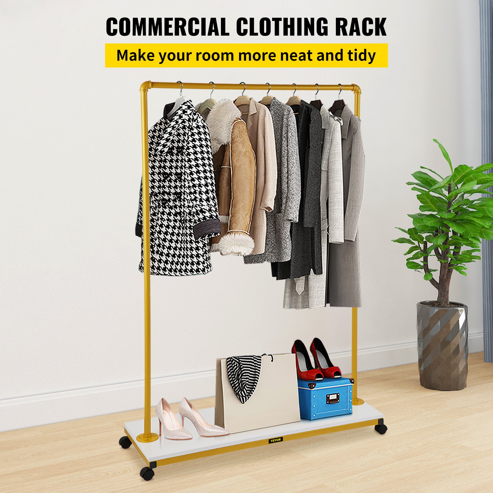VEVOR Perchero de Ropa 100 x 36 x 150 cm Perchero de Burro Independiente Material de Metal y Madera MDF, Capacidad de 150 lbs Perchero de Ropa Resistente con Ruedas para Uso Doméstico o Comercial