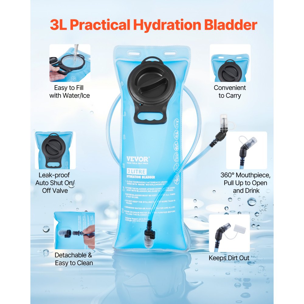 VEVOR Mochila de Hidratación, Mochila de Agua con Depósito de Agua de TPU de 3 L, con Almacenamiento para Hombres y Mujeres, para Senderismo, Correr, Ciclismo, Acampada, Negro, 470 x 210 x 120 mm
