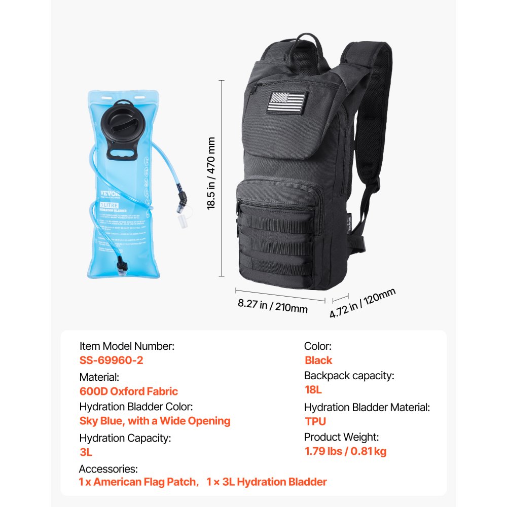 VEVOR Mochila de Hidratación, Mochila de Agua con Depósito de Agua de TPU de 3 L, con Almacenamiento para Hombres y Mujeres, para Senderismo, Correr, Ciclismo, Acampada, Negro, 470 x 210 x 120 mm