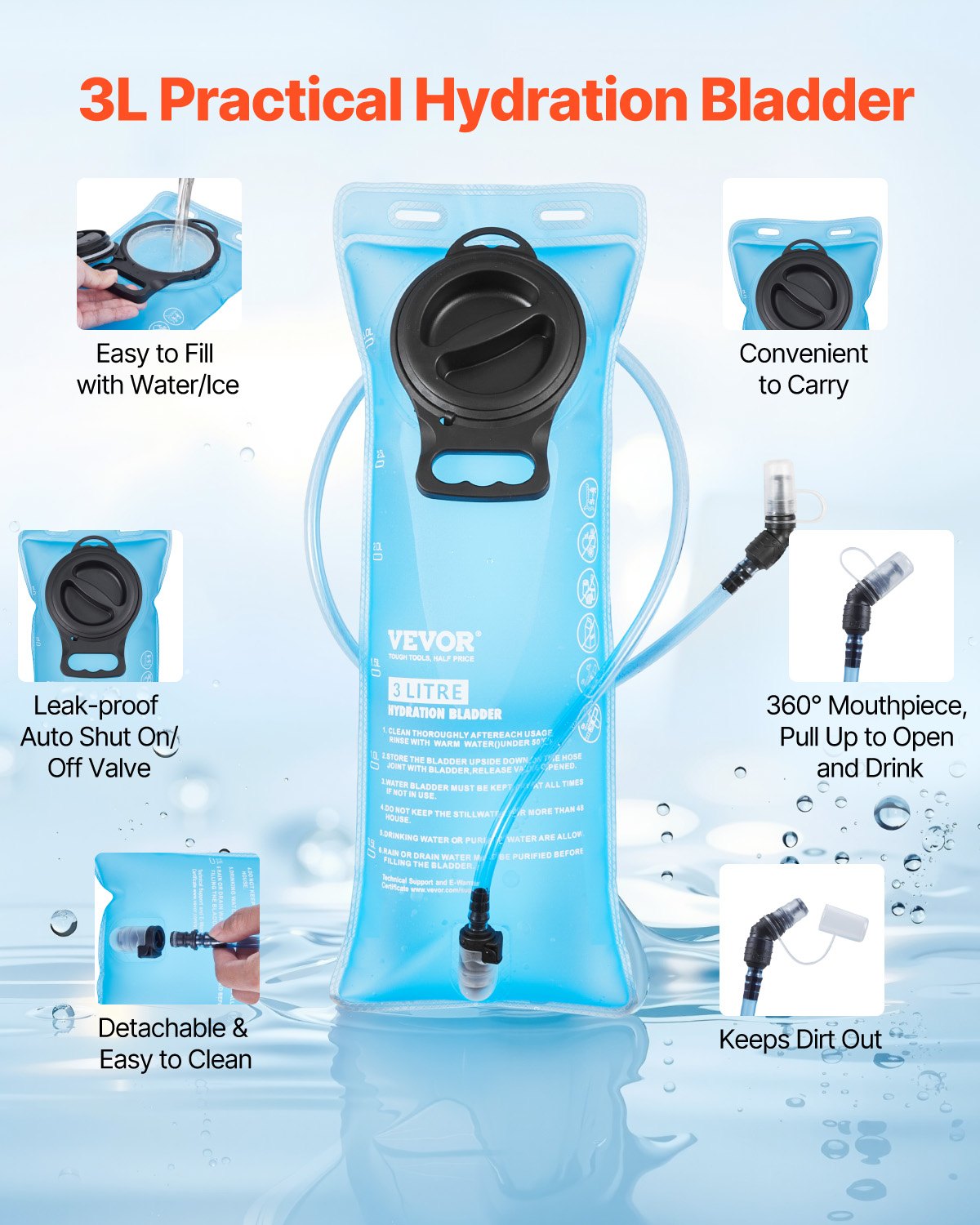 VEVOR Mochila de Hidratación, Mochila de Agua con Depósito de Agua de TPU de 3 L, con Almacenamiento para Hombres y Mujeres, para Senderismo, Correr, Ciclismo, Acampada, Negro, 470 x 210 x 120 mm