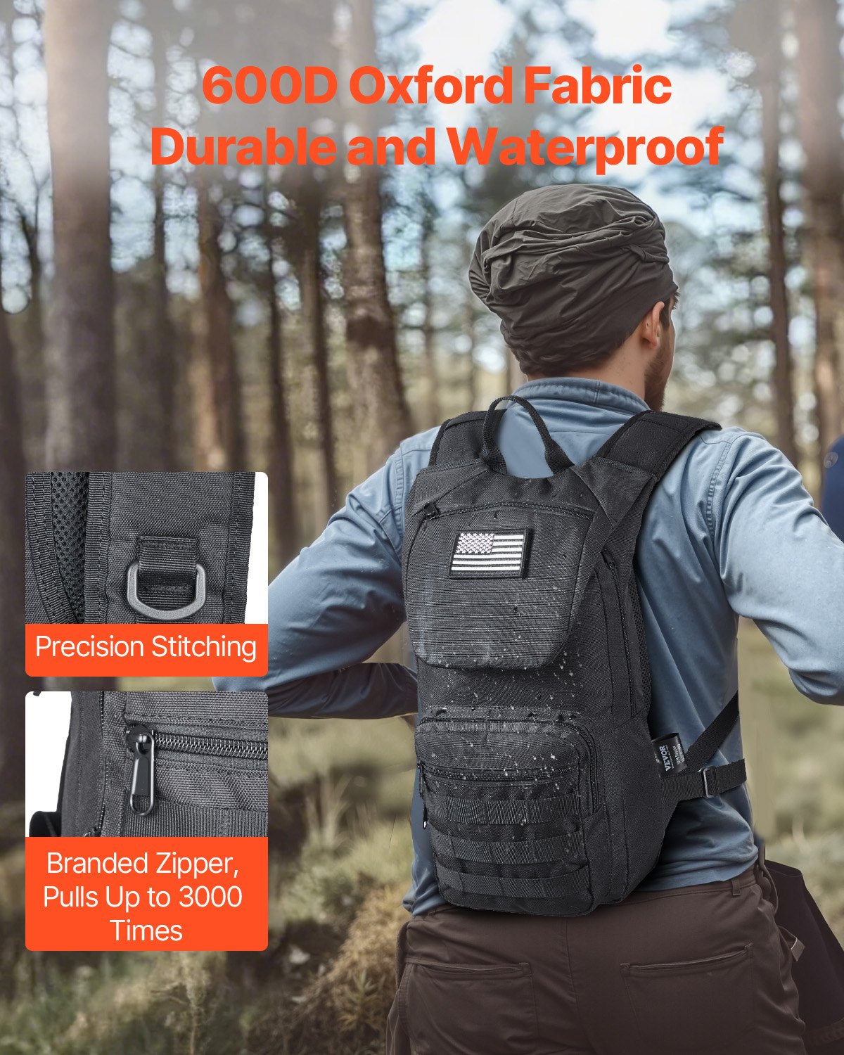 VEVOR Mochila de Hidratación, Mochila de Agua con Depósito de Agua de TPU de 3 L, con Almacenamiento para Hombres y Mujeres, para Senderismo, Correr, Ciclismo, Acampada, Negro, 470 x 210 x 120 mm