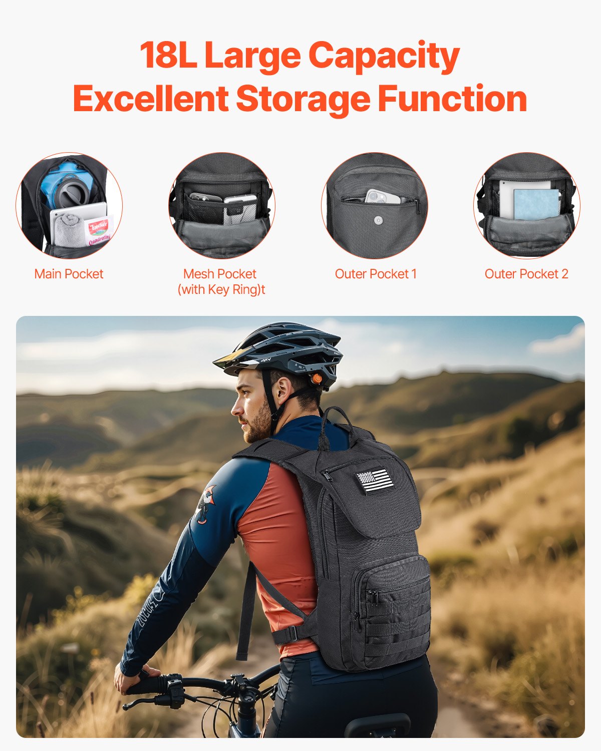 VEVOR Mochila de Hidratación, Mochila de Agua con Depósito de Agua de TPU de 3 L, con Almacenamiento para Hombres y Mujeres, para Senderismo, Correr, Ciclismo, Acampada, Negro, 470 x 210 x 120 mm