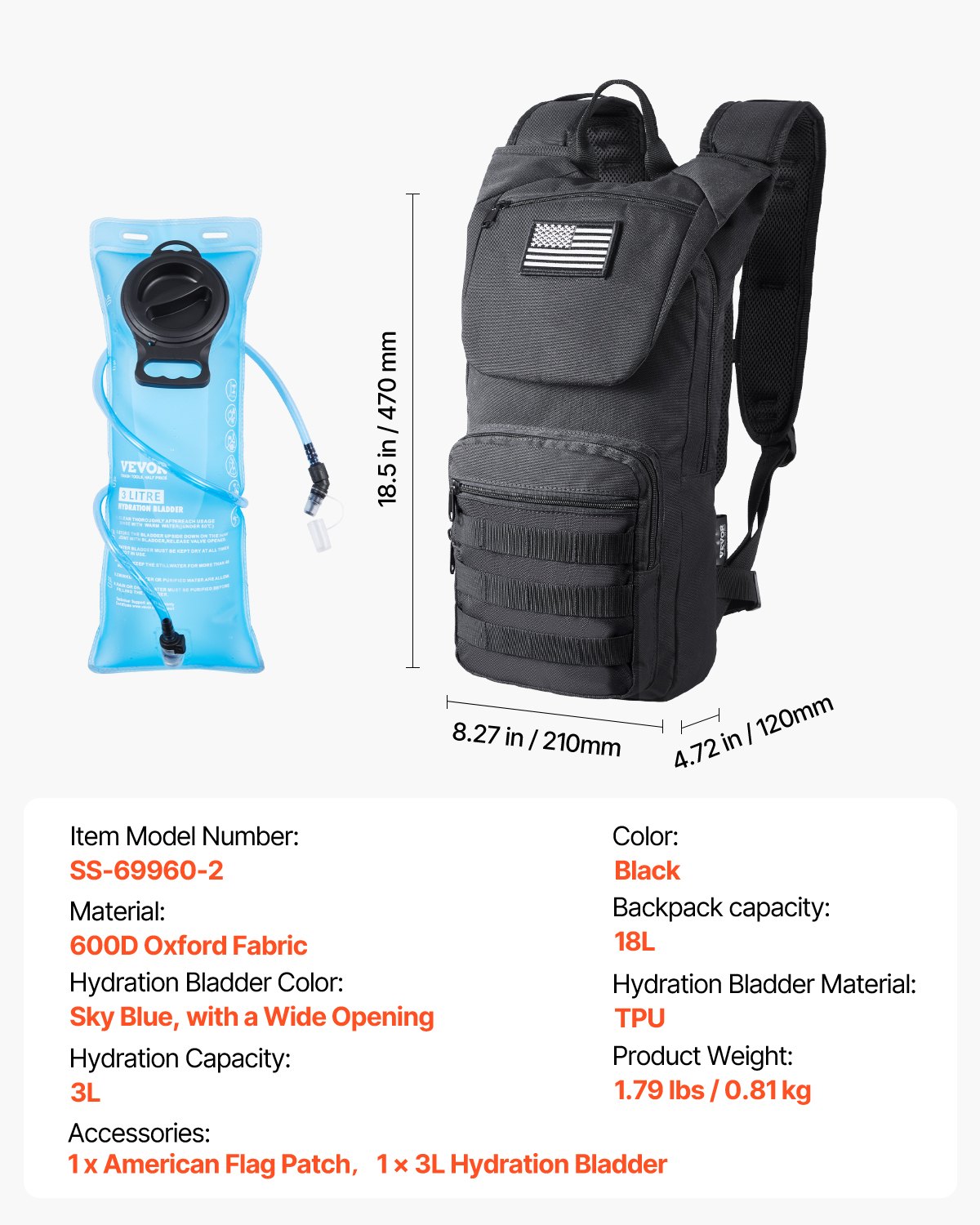 VEVOR Mochila de Hidratación, Mochila de Agua con Depósito de Agua de TPU de 3 L, con Almacenamiento para Hombres y Mujeres, para Senderismo, Correr, Ciclismo, Acampada, Negro, 470 x 210 x 120 mm