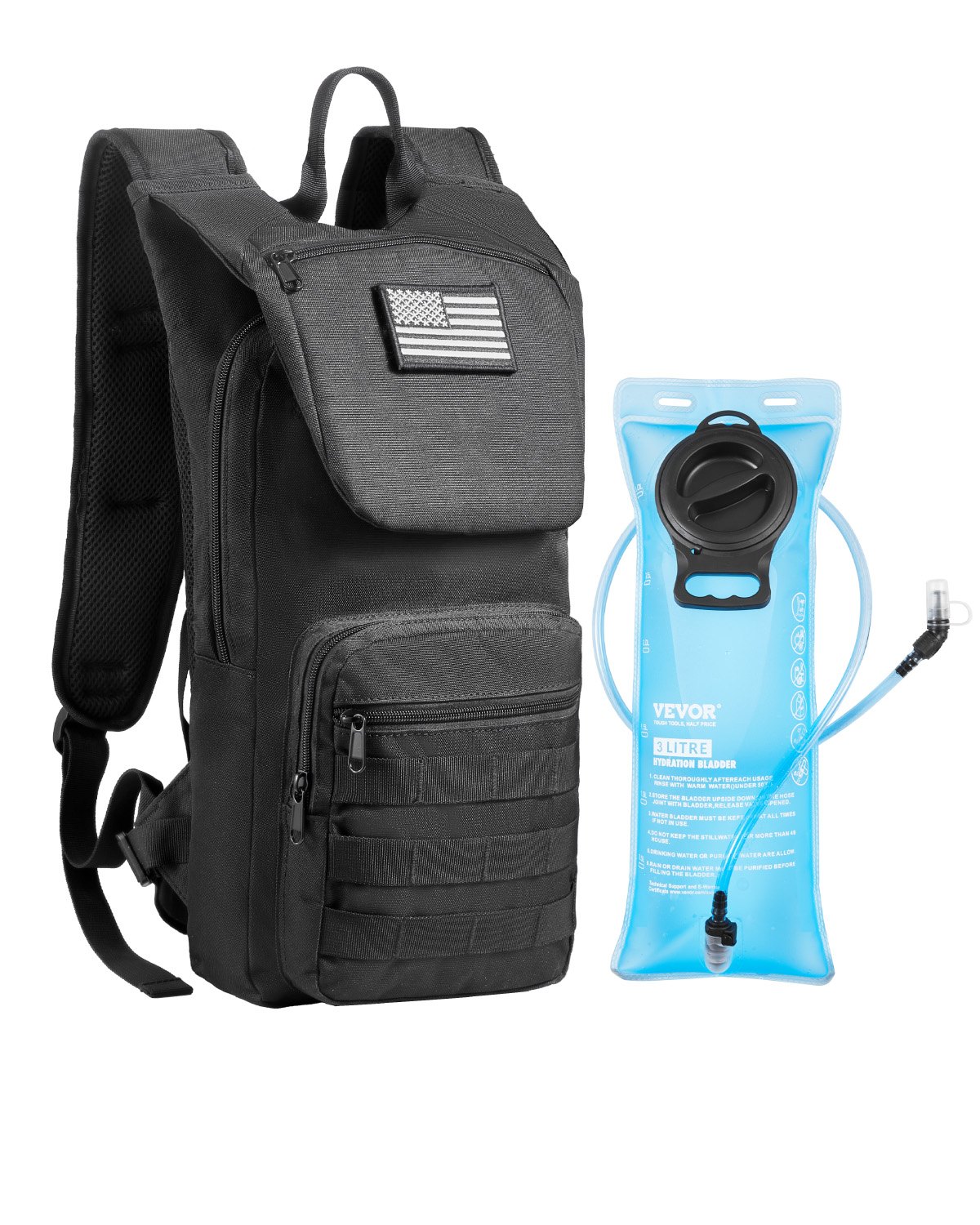 VEVOR Mochila de Hidratación, Mochila de Agua con Depósito de Agua de TPU de 3 L, con Almacenamiento para Hombres y Mujeres, para Senderismo, Correr, Ciclismo, Acampada, Negro, 470 x 210 x 120 mm