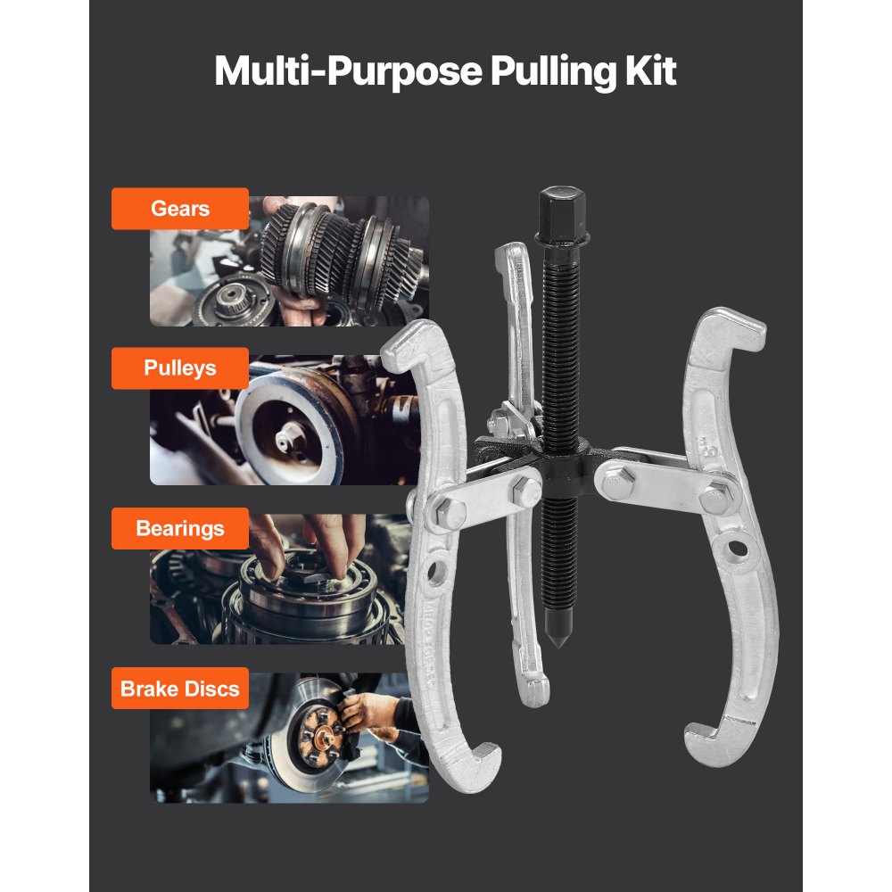 VEVOR Gear Puller Set, 76.2 mm/101.6 mm/152.4 mm/203.2 mm 3 Jaw Bearing Puller with Reversible Jaws, 2 Jaw/3 Jaw Pulley Puller, 4 PCS Bearing Puller Tool Kit for Pulley Gear Bearing Flywheel Removal