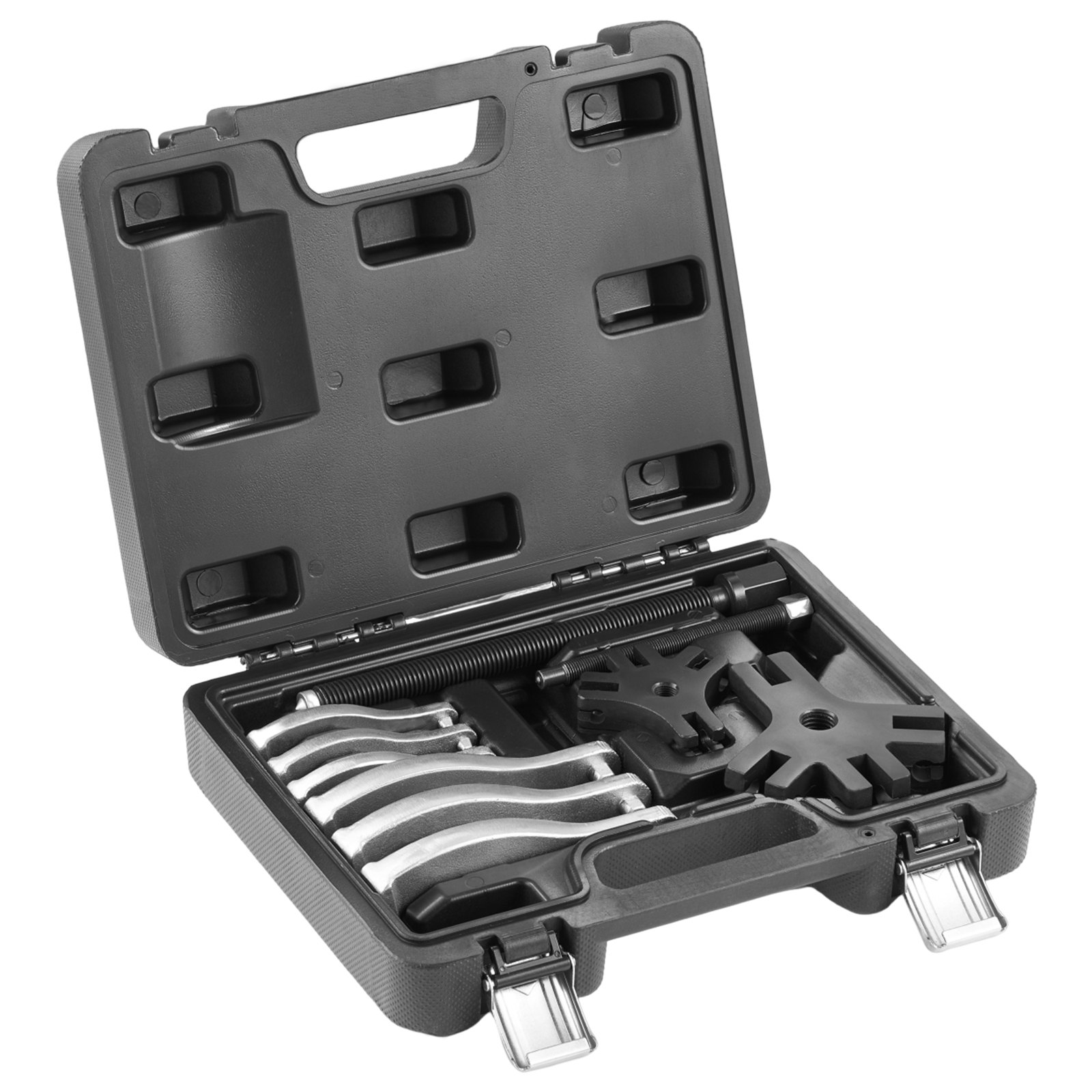 Juego de extractor de engranajes VEVOR en un estuche de transporte de plástico duro con múltiples componentes metálicos y abrazaderas.
