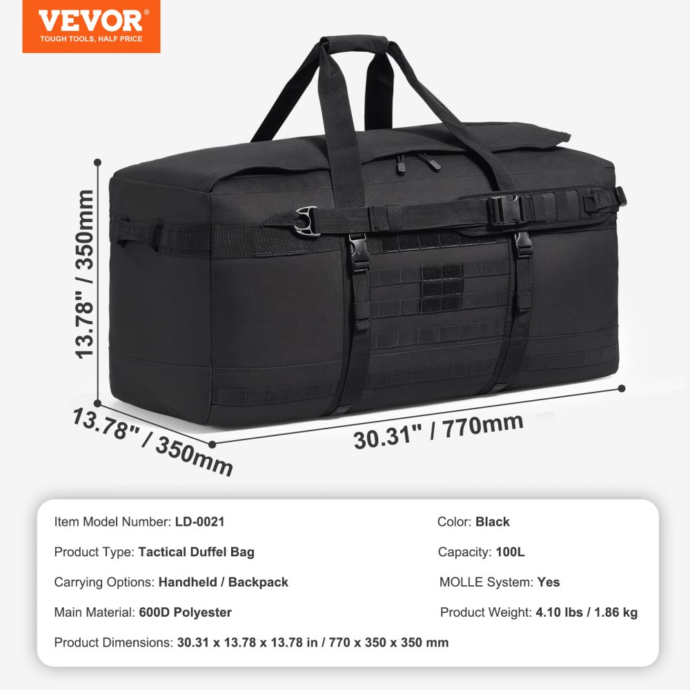 VEVOR Bolsa de Viaje Táctica Grande de Equipo Deportivo 770 x 350 x 350 mm 100 L con Diseño Molle y Compartimento para Zapatos, Bolsa de Viaje Militar Bolsa de Equipo para Viaje, Deportes, Negro