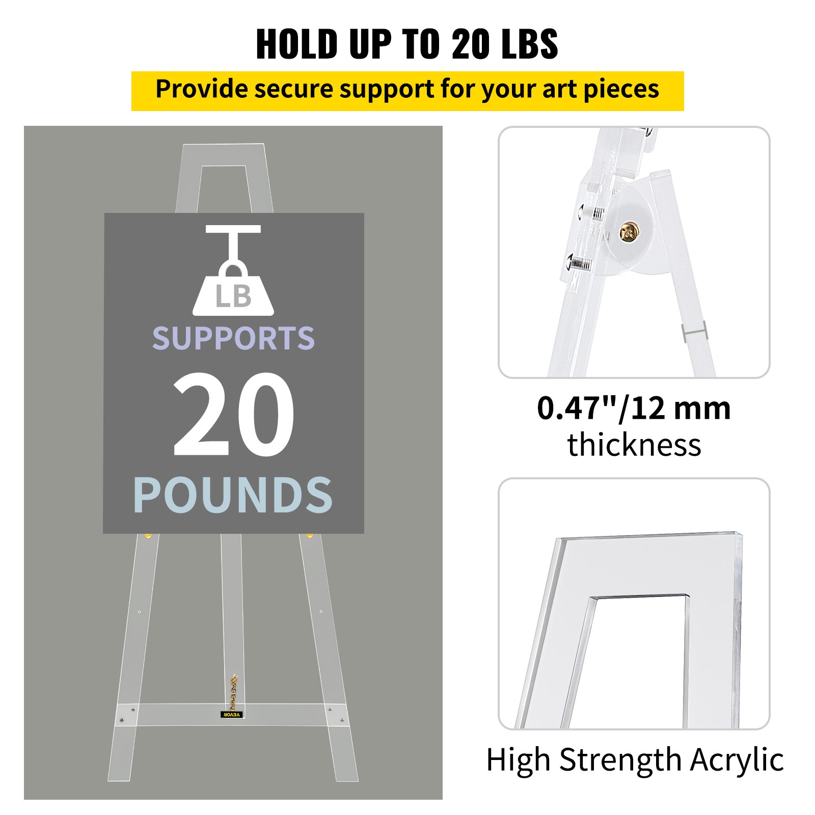 VEVOR Caballete de Pintura Ajustable 58"x22"x15/22/29/36" Soporte de Caballete 4,7kg Caballete de Exhibición con Material de Acrílico Duradero y Transparente para Bodas, Bailes, Producciones Teatrales