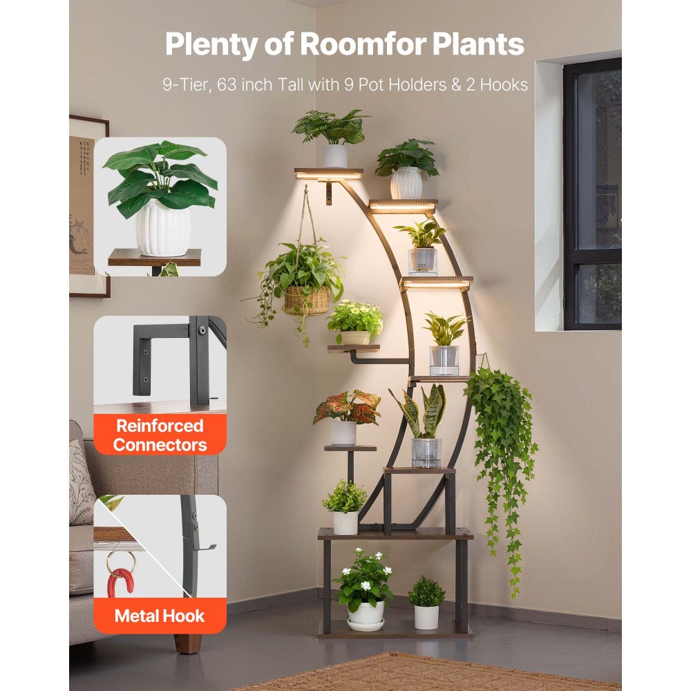 VEVOR Soporte para Plantas con Luz de Cultivo 9 Niveles Alto de 166 cm, Forma de Media Luna, Estante con Luz para Plantas, 3 Temporizadores y 10 Niveles de Brillo, para Sala de Estar, Balcón