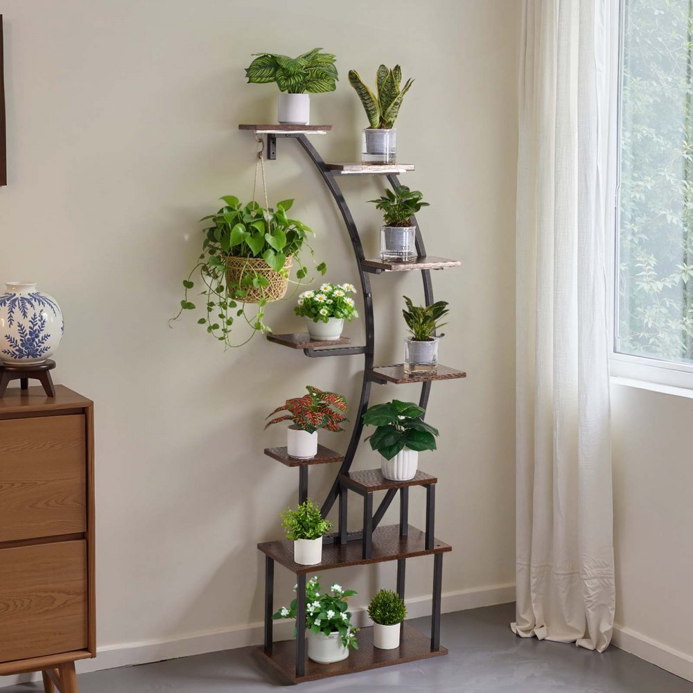 VEVOR Soporte para Plantas con Luz de Cultivo 9 Niveles Alto de 166 cm, Forma de Media Luna, Estante con Luz para Plantas, 3 Temporizadores y 10 Niveles de Brillo, para Sala de Estar, Balcón