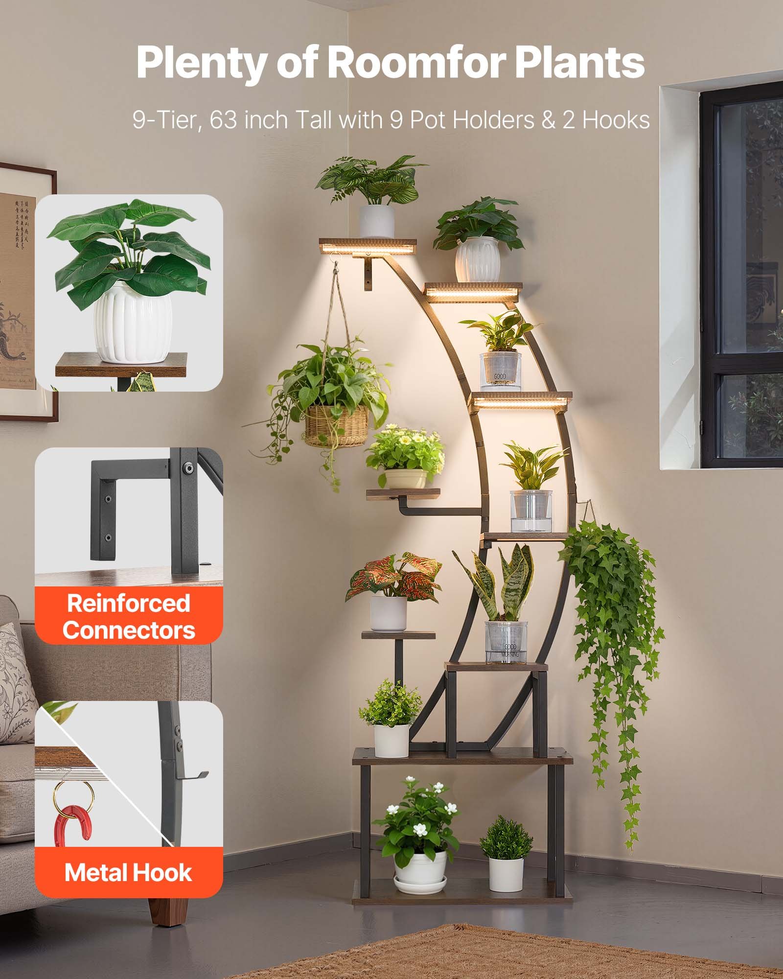 VEVOR Soporte para Plantas con Luz de Cultivo 9 Niveles Alto de 166 cm, Forma de Media Luna, Estante con Luz para Plantas, 3 Temporizadores y 10 Niveles de Brillo, para Sala de Estar, Balcón