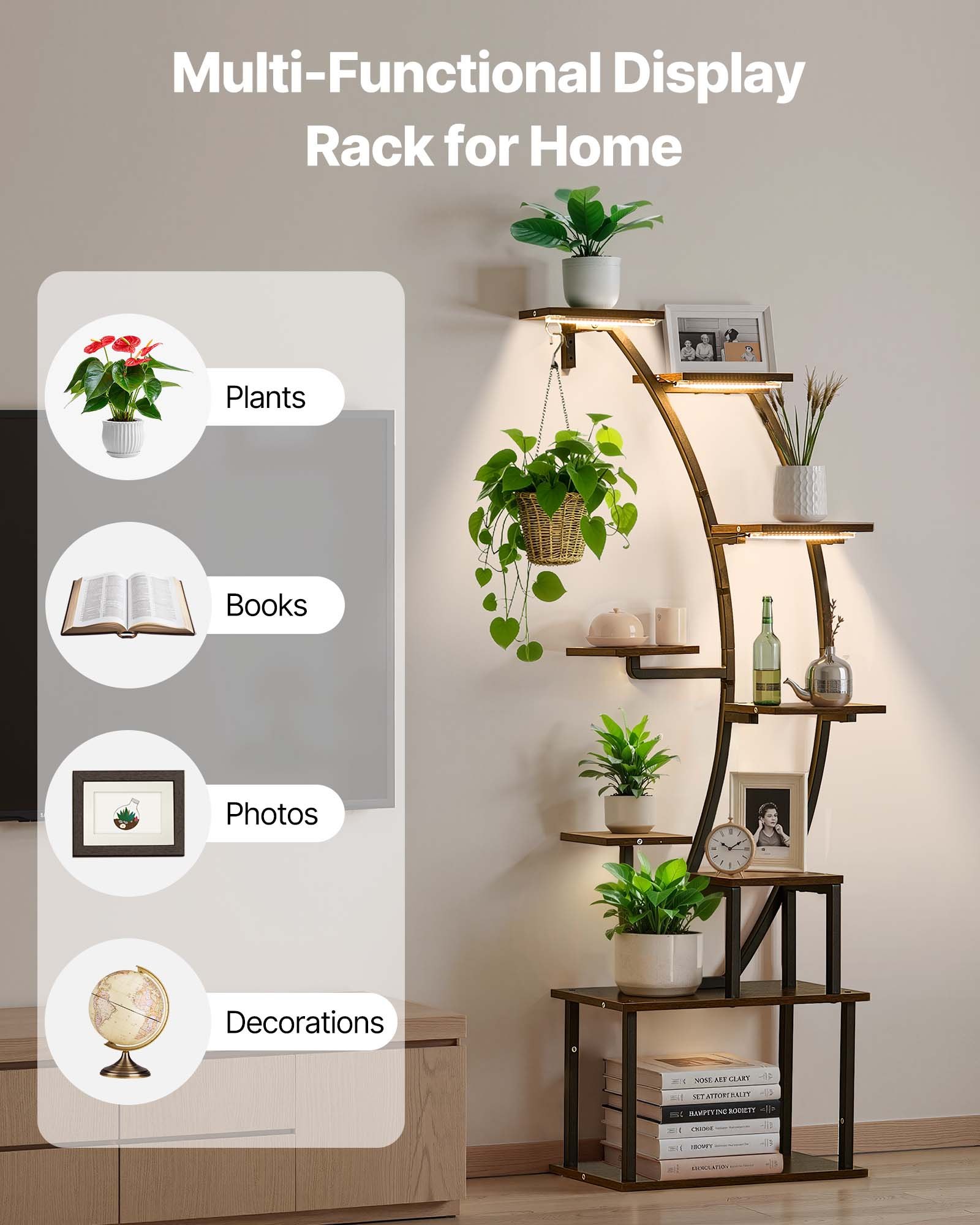 VEVOR Soporte para Plantas con Luz de Cultivo 9 Niveles Alto de 166 cm, Forma de Media Luna, Estante con Luz para Plantas, 3 Temporizadores y 10 Niveles de Brillo, para Sala de Estar, Balcón