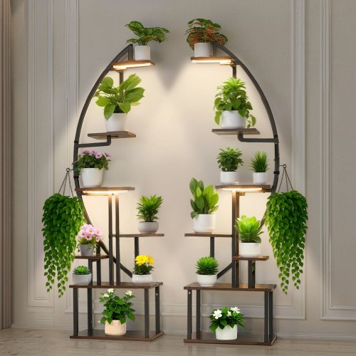 VEVOR Soporte para Plantas con Luz de Cultivo 7 Niveles Alto de 166,5 cm, Forma de Media Luna 2 Piezas, Estante con Luz para Plantas, 3 Temporizadores y 10 Niveles de Brillo, para Sala de Estar