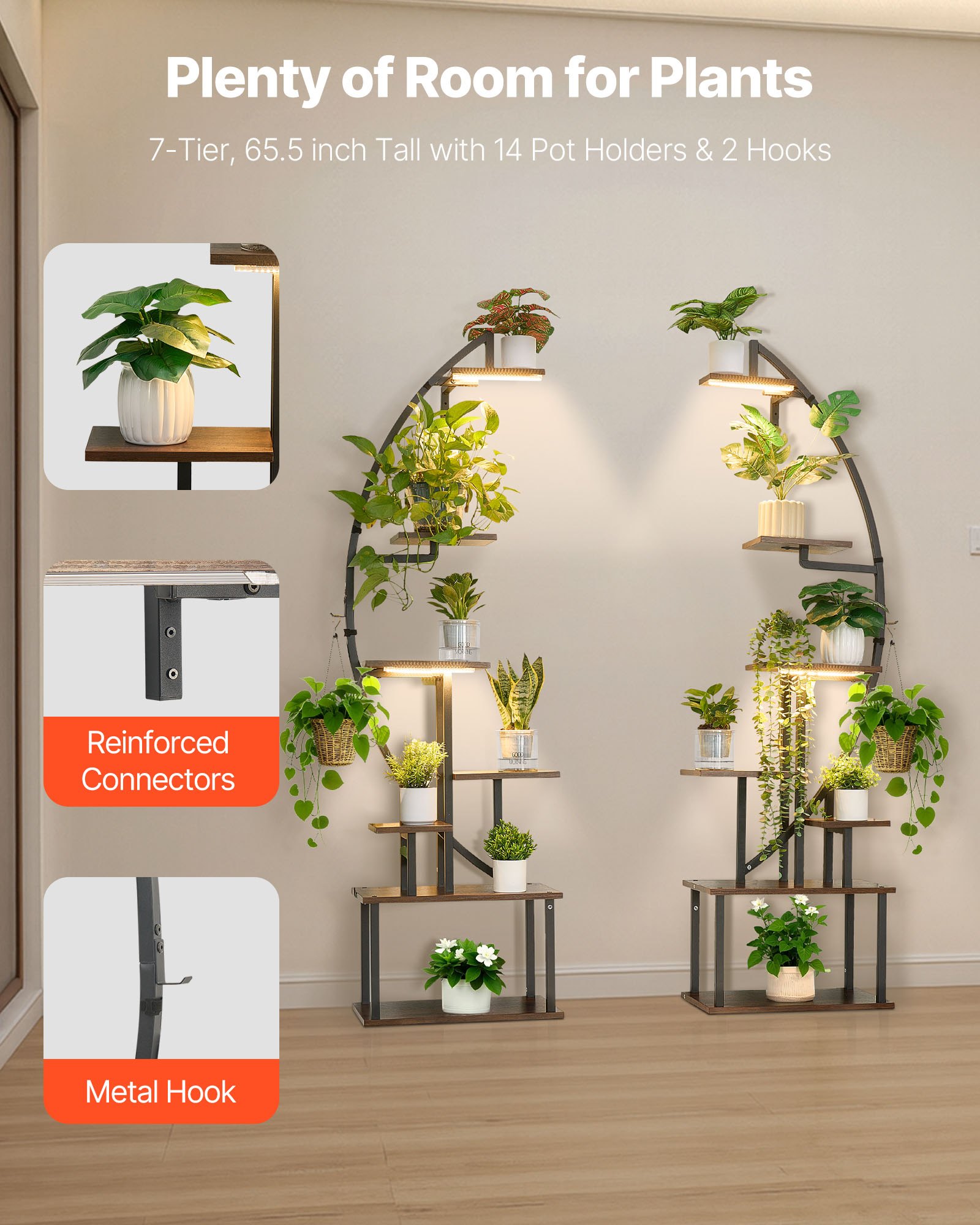 VEVOR Soporte para Plantas con Luz de Cultivo 7 Niveles Alto de 166,5 cm, Forma de Media Luna 2 Piezas, Estante con Luz para Plantas, 3 Temporizadores y 10 Niveles de Brillo, para Sala de Estar
