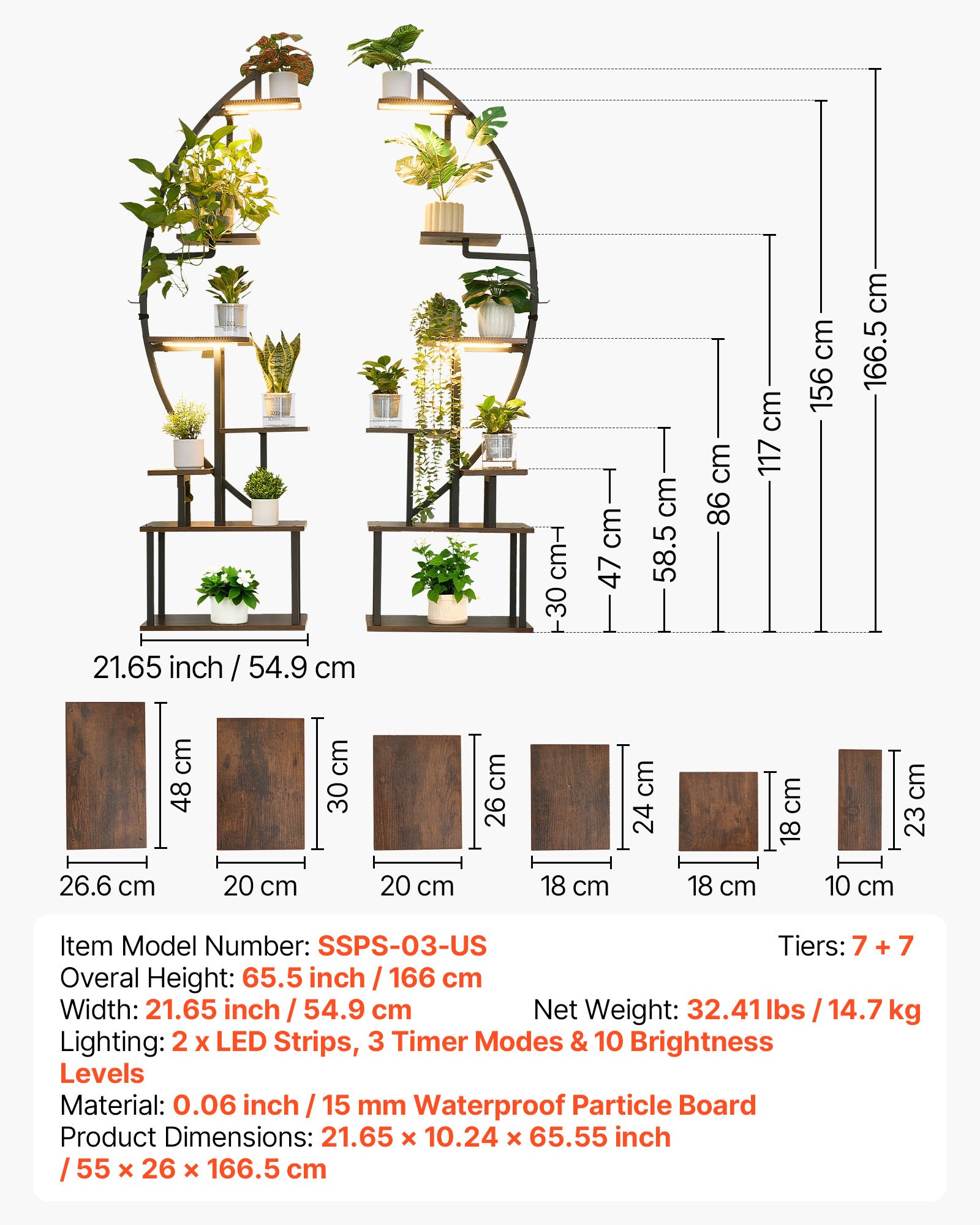 VEVOR Soporte para Plantas con Luz de Cultivo 7 Niveles Alto de 166,5 cm, Forma de Media Luna 2 Piezas, Estante con Luz para Plantas, 3 Temporizadores y 10 Niveles de Brillo, para Sala de Estar