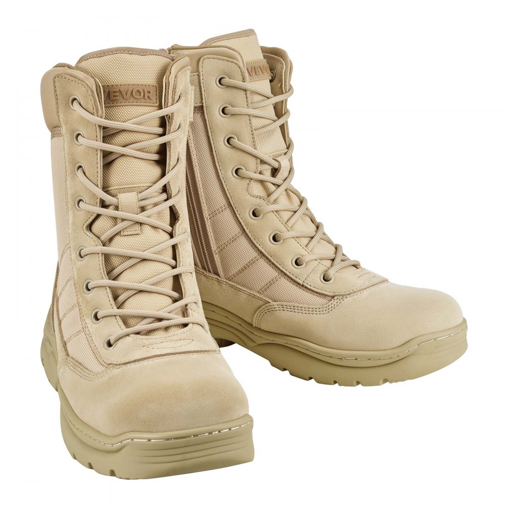 VEVOR Botas Tácticas Militares Hombre, 203 mm, de Cuero y Tela Oxford 1000D, Ligeras y Transpirables, con Cremallera Lateral, para Motociclista, Seguridad al Aire Libre, Talla 10,5 EE. UU., Arena