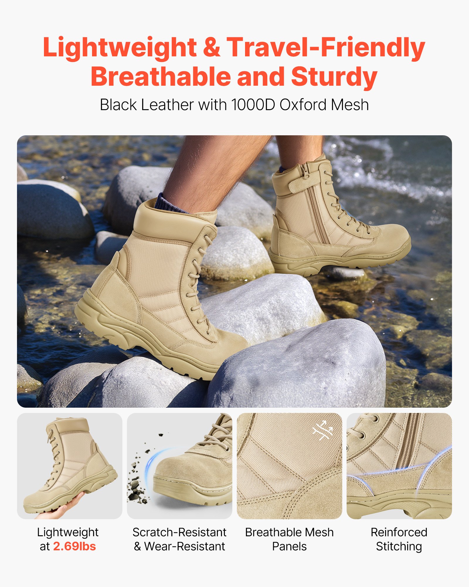 VEVOR Botas Tácticas Militares Hombre, 203 mm, de Cuero y Tela Oxford 1000D, Ligeras y Transpirables, con Cremallera Lateral, para Motociclista, Seguridad al Aire Libre, Talla 10,5 EE. UU., Arena