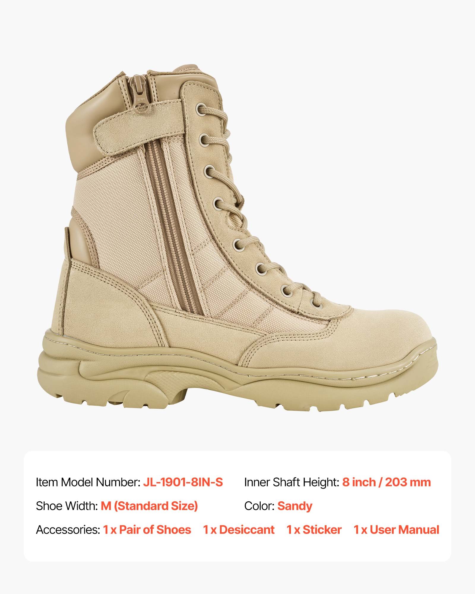 VEVOR Men's Military Tactical Boots, 203 mm Combat Hiking Work Boots, Lightweight & Breathable Side Zipper Motorcycle Interceptor Trooper Boot, for Outdoor Security, UK Size 8.5 Sand-colored