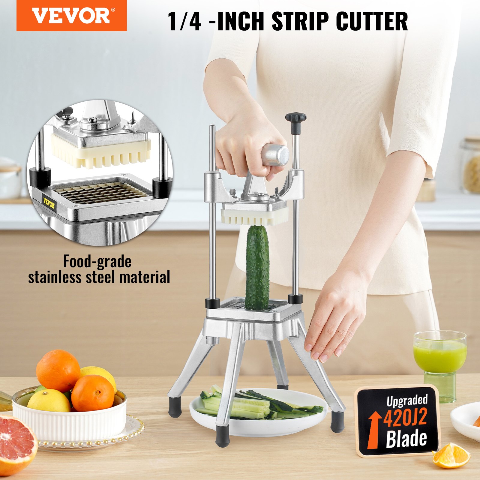 VEVOR Cortador Manual Profesional de Patatas Fritas Cortador Comercial de Verduras 0,64cm Cuchilla de Acero Inoxidable Cortador de Verduras Frutas 2 Cuchillas de Repuesto para Preparación de Ensaladas