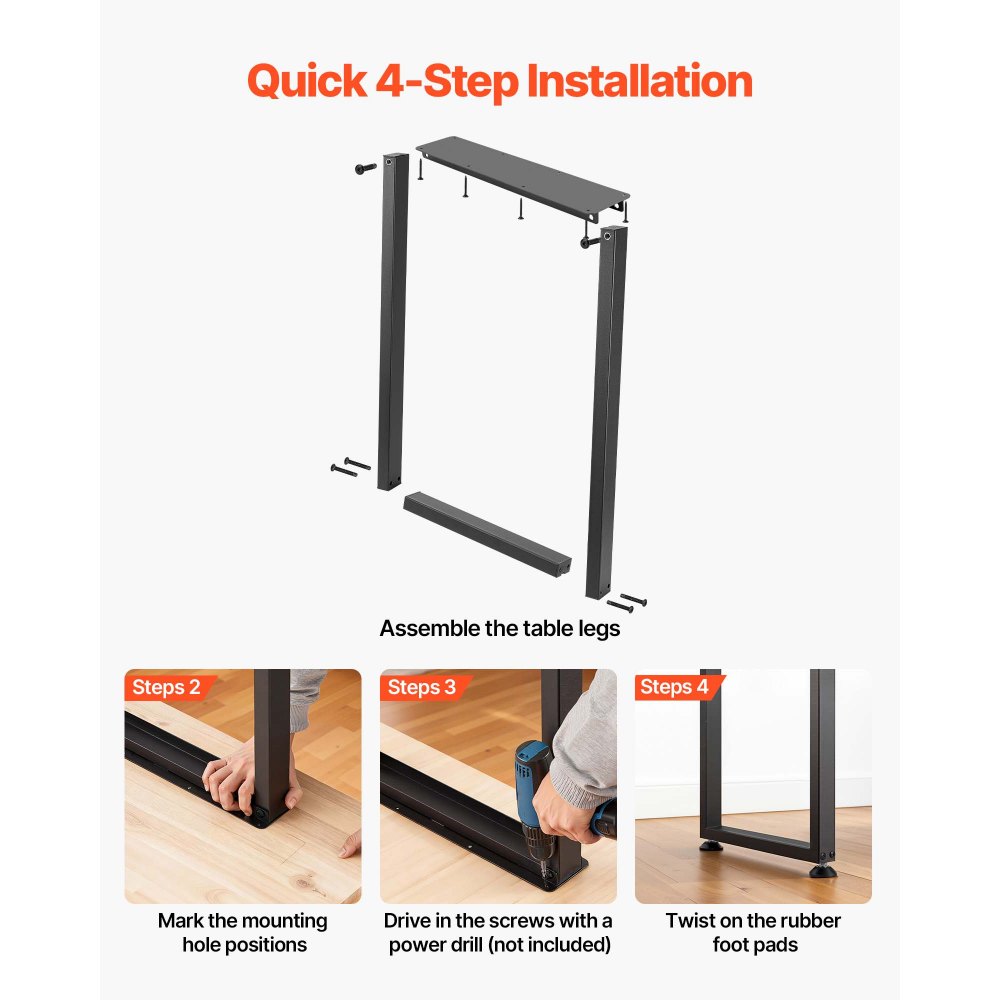 VEVOR Patas de Mesa Cuadradas de Acero al Carbono, Capacidad Máxima 1000 kg, 740 x 450 mm, Negro, Juego de 2 Patas con Kit de Herrajes para Muebles, Escritorio, Banco de Trabajo, Mesa de Bar y Oficina