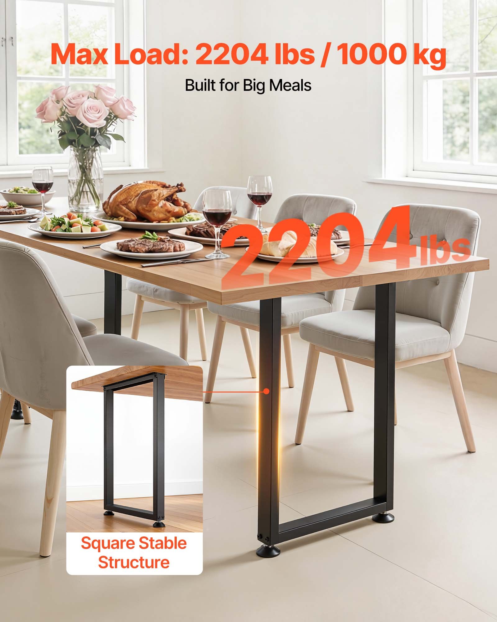 VEVOR Patas de Mesa Cuadradas de Acero al Carbono, Capacidad Máxima 1000 kg, 740 x 450 mm, Negro, Juego de 2 Patas con Kit de Herrajes para Muebles, Escritorio, Banco de Trabajo, Mesa de Bar y Oficina