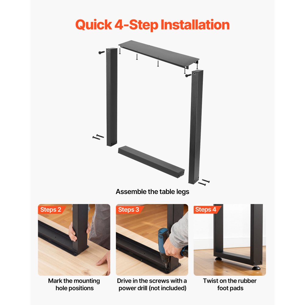 VEVOR Patas de Mesa Cuadradas de Acero al Carbono, Capacidad Máxima 1000 kg, 750 x 600 mm, Negro, Juego de 2 Patas con Kit de Herrajes para Banco de Trabajo, Escritorio, Muebles, Oficina y Mesa de Bar