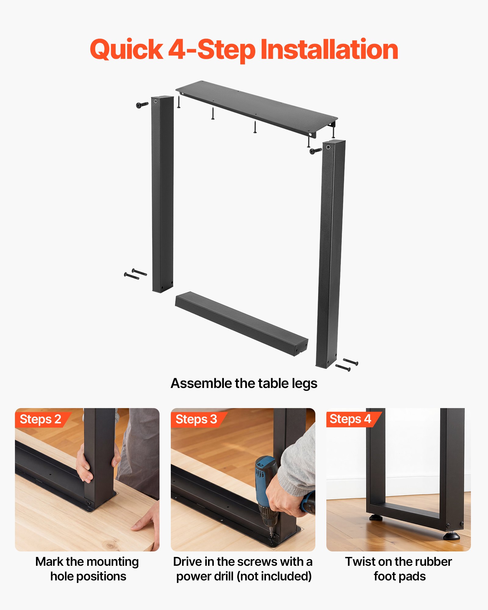 VEVOR Patas de Mesa Cuadradas de Acero al Carbono, Capacidad Máxima 1000 kg, 750 x 600 mm, Negro, Juego de 2 Patas con Kit de Herrajes para Banco de Trabajo, Escritorio, Muebles, Oficina y Mesa de Bar