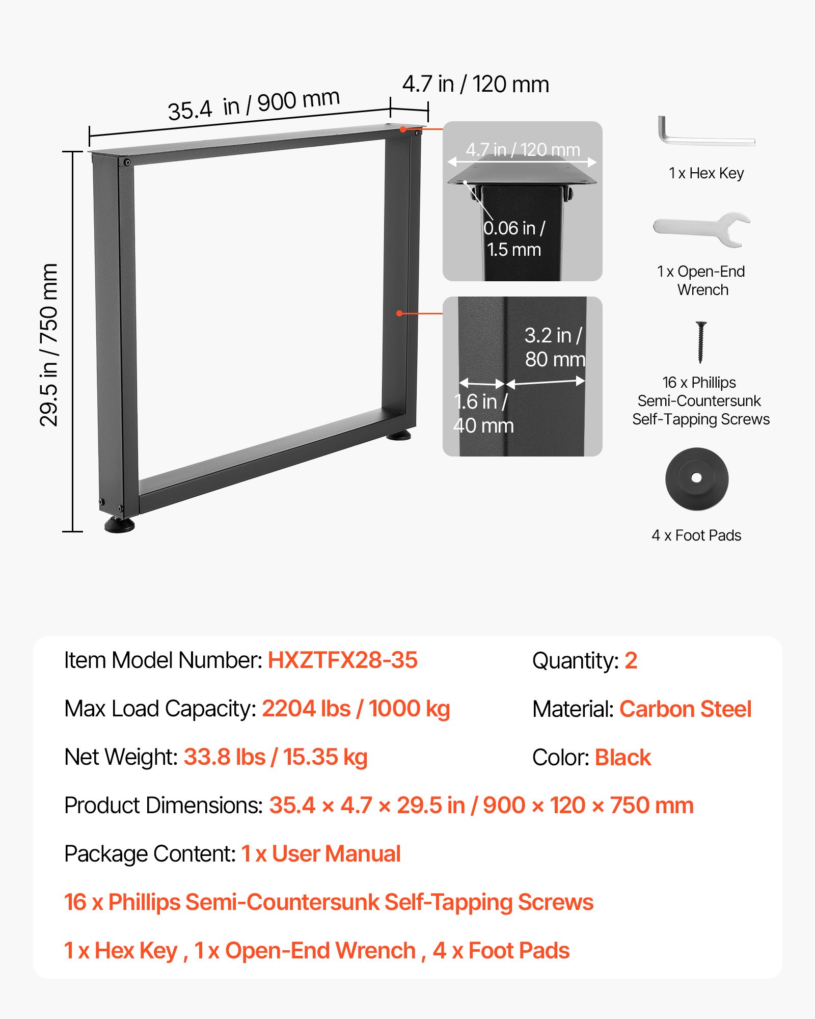 VEVOR Patas de Mesa Cuadradas de Acero al Carbono, Capacidad Máxima 1000 kg, 750 x 900 mm, Negro, Juego de 2 Patas con Kit de Herrajes para Banco de Trabajo, Muebles, Escritorio, Mesa de Bar y Oficina