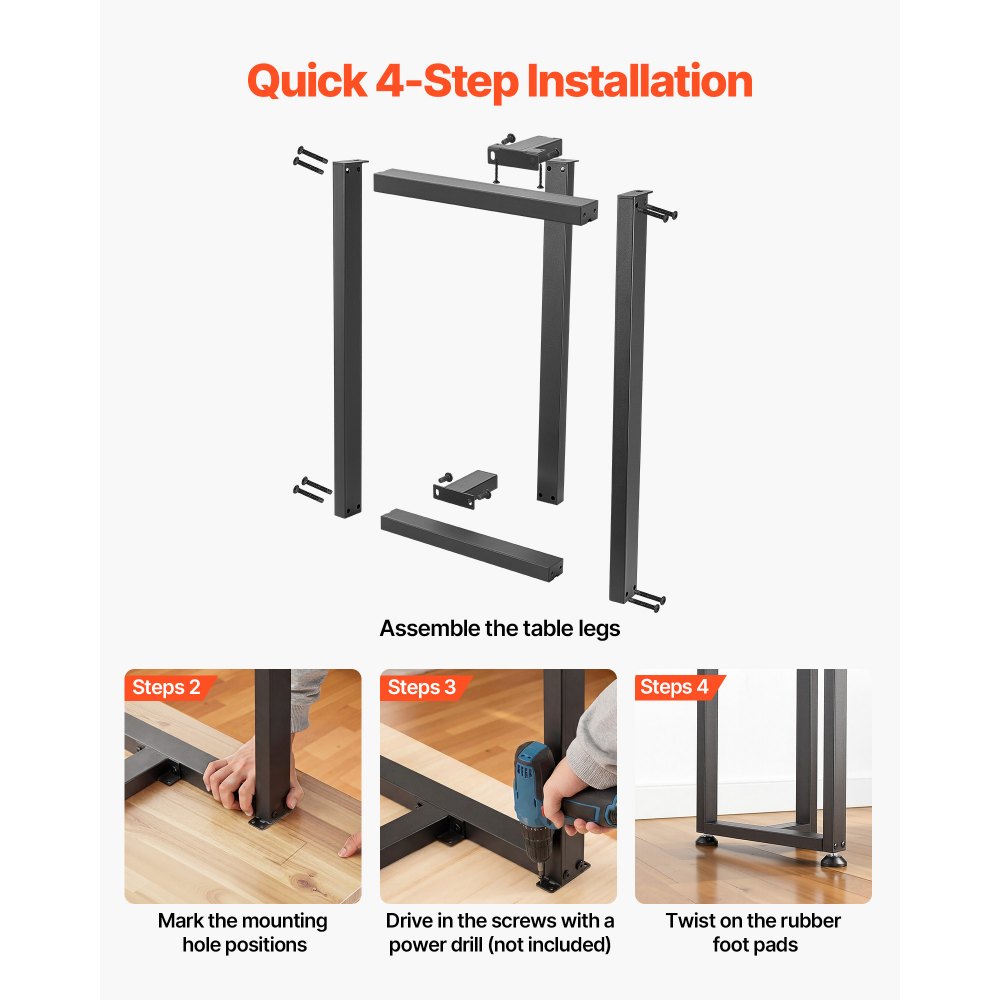 VEVOR Patas de Mesa en Forma de T de Acero al Carbono, Capacidad Máxima 1000 kg, 740 x 450 mm, Juego de 2 Patas Cuadradas con Kit de Herrajes para Muebles, Escritorio, Mesa de Bar y Banco de Trabajo