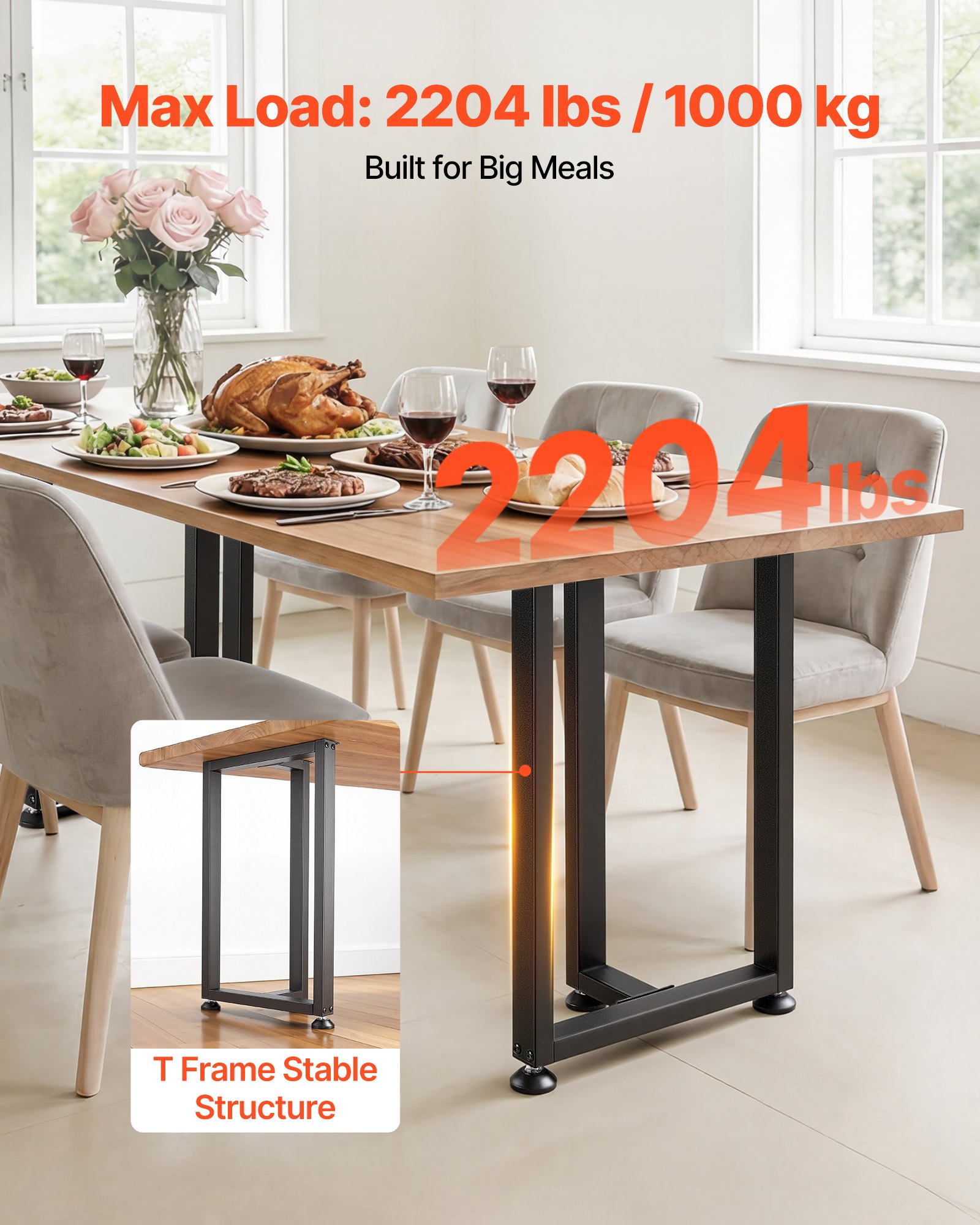 VEVOR Patas de Mesa en Forma de T de Acero al Carbono, Capacidad Máxima 1000 kg, 740 x 450 mm, Juego de 2 Patas Cuadradas con Kit de Herrajes para Muebles, Escritorio, Mesa de Bar y Banco de Trabajo