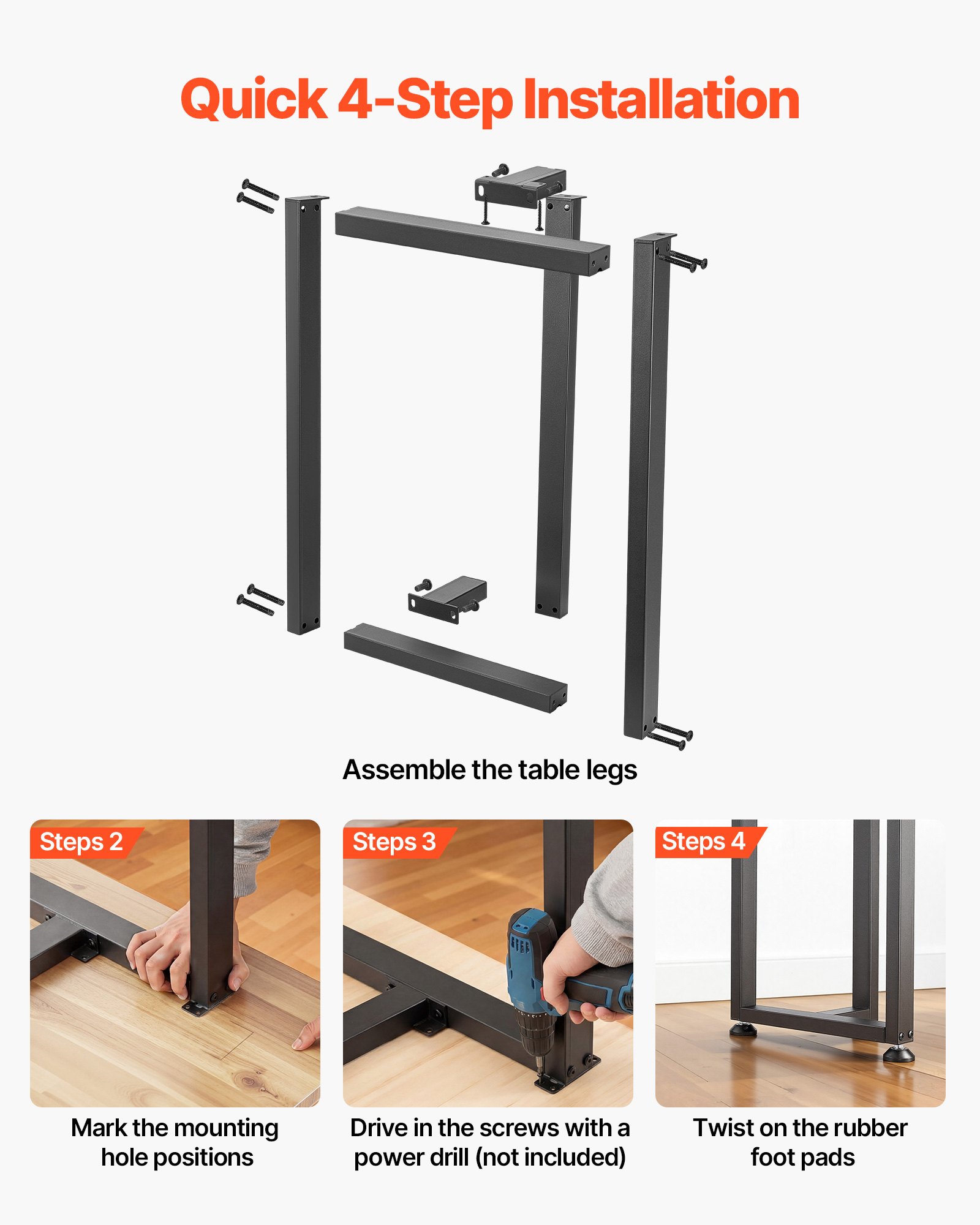 VEVOR Patas de Mesa en Forma de T de Acero al Carbono, Capacidad Máxima 1000 kg, 740 x 450 mm, Juego de 2 Patas Cuadradas con Kit de Herrajes para Muebles, Escritorio, Mesa de Bar y Banco de Trabajo