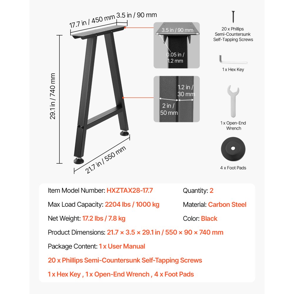 VEVOR Patas de Mesa en Forma de Trapecio, de Acero al Carbono, 750 x 550 mm, Capacidad Máxima 1000 kg, Juego de 2 Patas con Kit de Herrajes para Muebles, Escritorio, Mesa de Bar y Banco de Trabajo