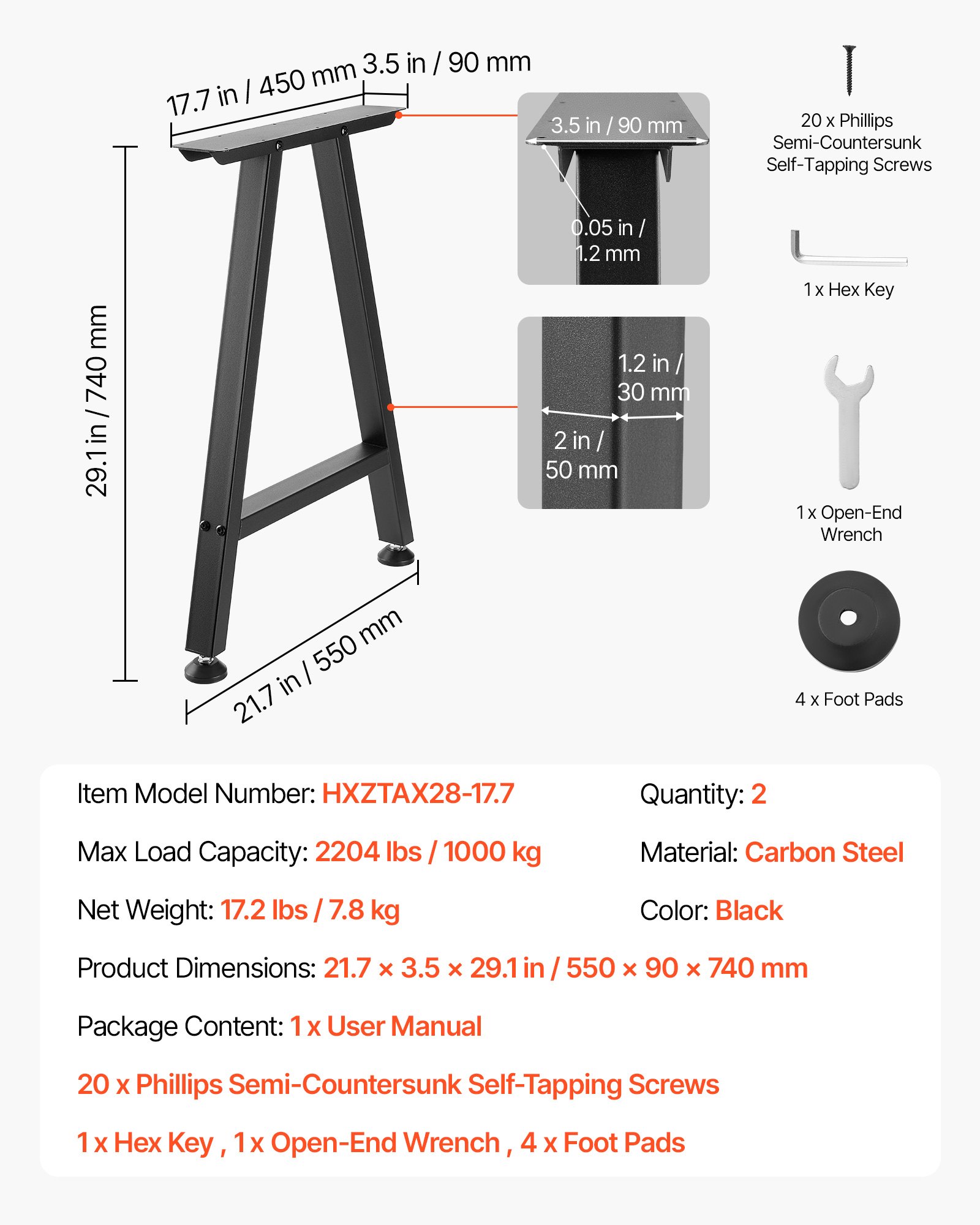VEVOR Patas de Mesa en Forma de Trapecio, de Acero al Carbono, 750 x 550 mm, Capacidad Máxima 1000 kg, Juego de 2 Patas con Kit de Herrajes para Muebles, Escritorio, Mesa de Bar y Banco de Trabajo