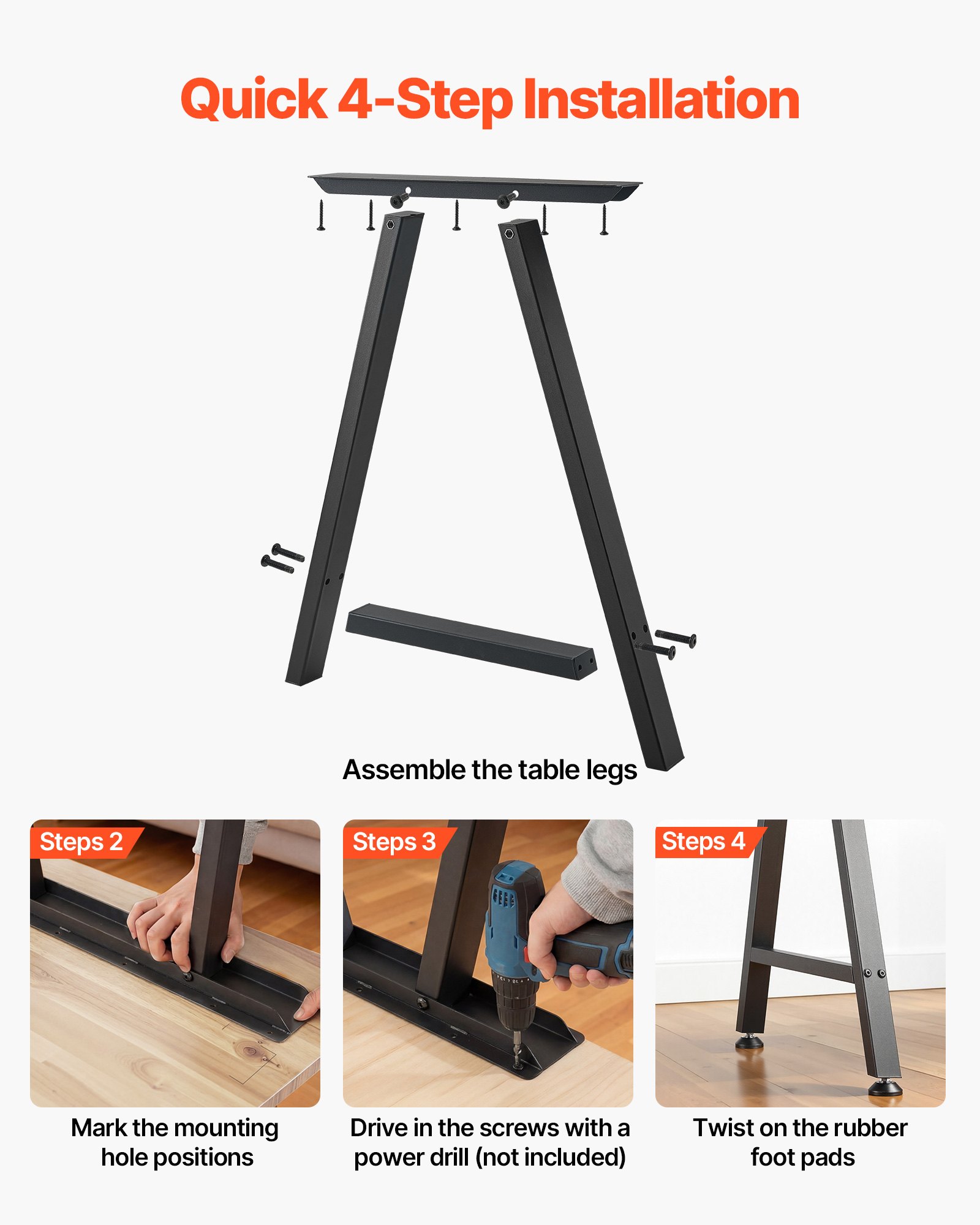 VEVOR Patas de Mesa en Forma de Trapecio, de Acero al Carbono, 750 x 550 mm, Capacidad Máxima 1000 kg, Juego de 2 Patas con Kit de Herrajes para Muebles, Escritorio, Mesa de Bar y Banco de Trabajo