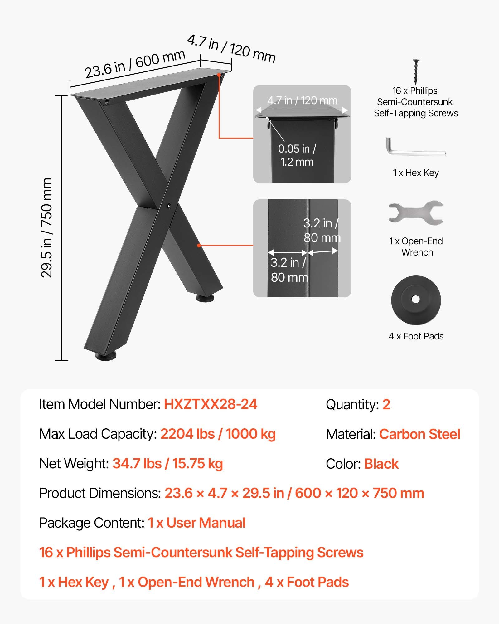 VEVOR Patas de Mesa en Forma de X de Acero al Carbono, 750 x 600 mm, Capacidad Máxima 1000 kg, Juego de 2 Patas con Kit de Herrajes para Muebles, Escritorio, Oficina, Banco de Trabajo y Mesa de Bar
