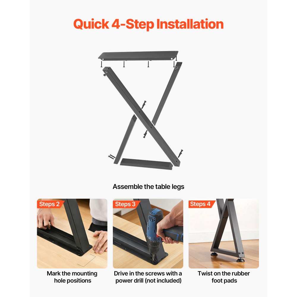 VEVOR Patas de Mesa en Forma de Z de Acero al Carbono, 740 x 472 mm, Capacidad Máxima 1000 kg, Juego de 2 Patas con Kit de Herrajes para Muebles, Escritorio, Banco de Trabajo, Mesa de Bar y Oficina