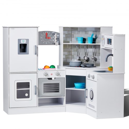 VEVOR Cocina de madera de esquina, juego de juguetes con luces y sonidos, cocina para niños pequeños con máquina de hielo, horno, fregadero, reloj, microondas, refrigerador y accesorios, para niños pequeños y preescolares, color blanco
