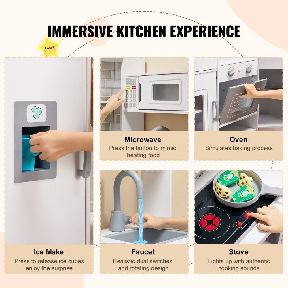 VEVOR Cocina de madera de esquina, juego de juguetes con luces y sonidos, cocina para niños pequeños con máquina de hielo, horno, fregadero, reloj, microondas, refrigerador y accesorios, para niños pequeños y preescolares, color blanco