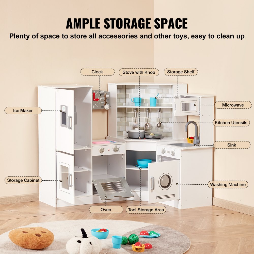 VEVOR Cocina de madera de esquina, juego de juguetes con luces y sonidos, cocina para niños pequeños con máquina de hielo, horno, fregadero, reloj, microondas, refrigerador y accesorios, para niños pequeños y preescolares, color blanco