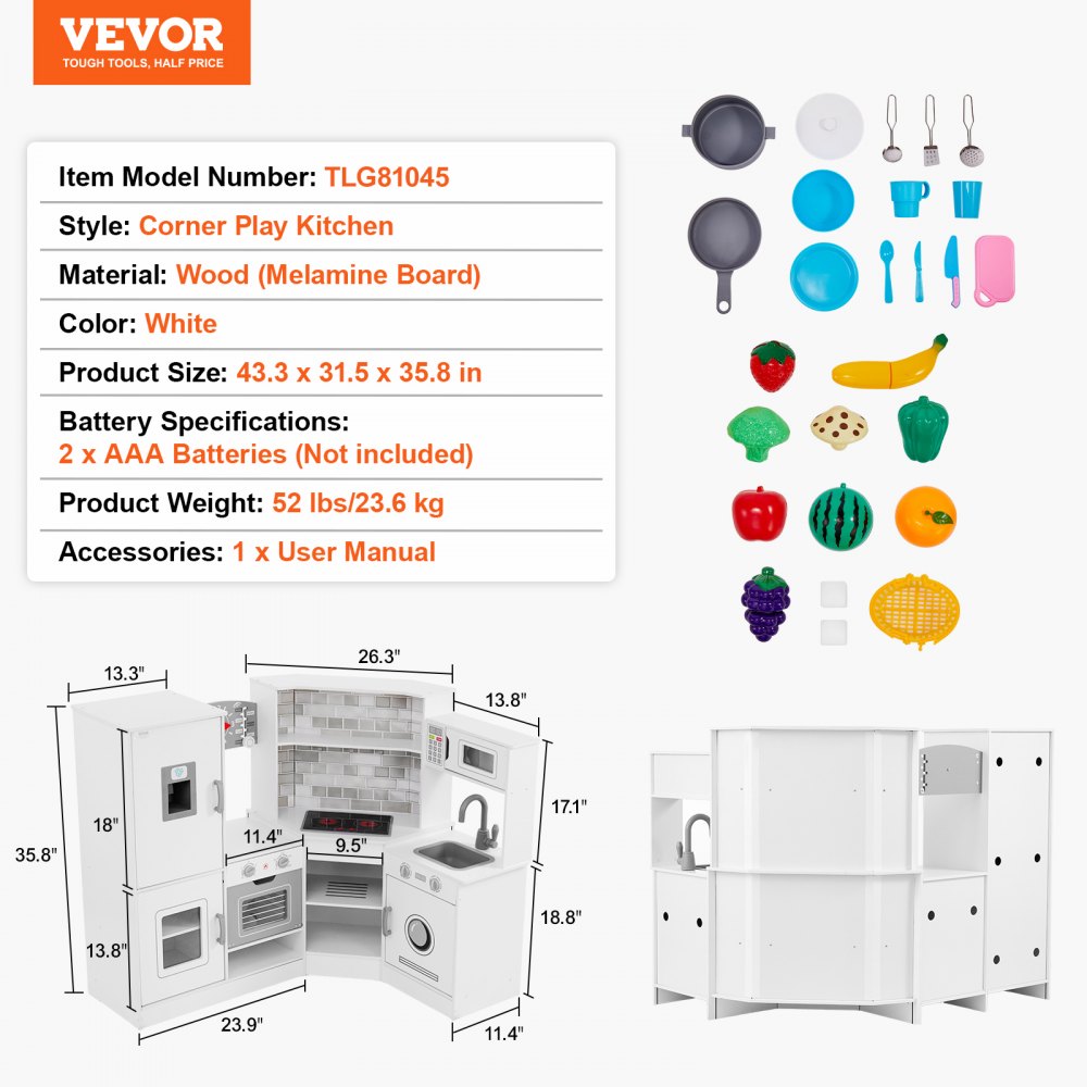 VEVOR Cocina de madera de esquina, juego de juguetes con luces y sonidos, cocina para niños pequeños con máquina de hielo, horno, fregadero, reloj, microondas, refrigerador y accesorios, para niños pequeños y preescolares, color blanco
