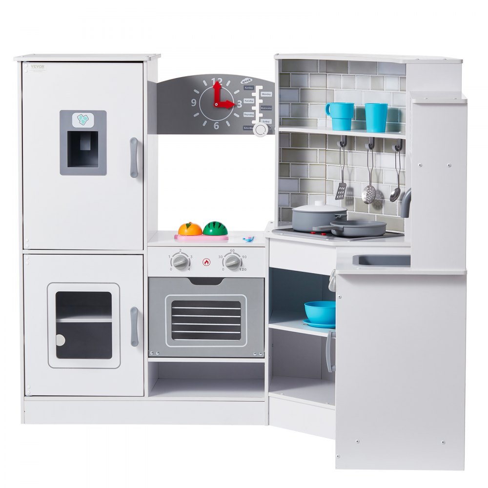 VEVOR Cocina de madera de esquina, juego de juguetes con luces y sonidos, cocina para niños pequeños con máquina de hielo, horno, fregadero, reloj, microondas, refrigerador y accesorios, para niños pequeños y preescolares, color blanco