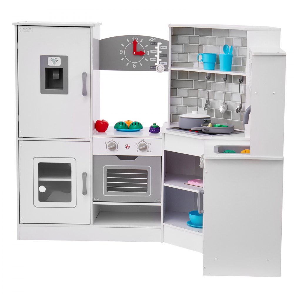 VEVOR Cocina de madera de esquina, juego de juguetes con luces y sonidos, cocina para niños pequeños con máquina de hielo, horno, fregadero, reloj, microondas, refrigerador y accesorios, para niños pequeños y preescolares, color blanco