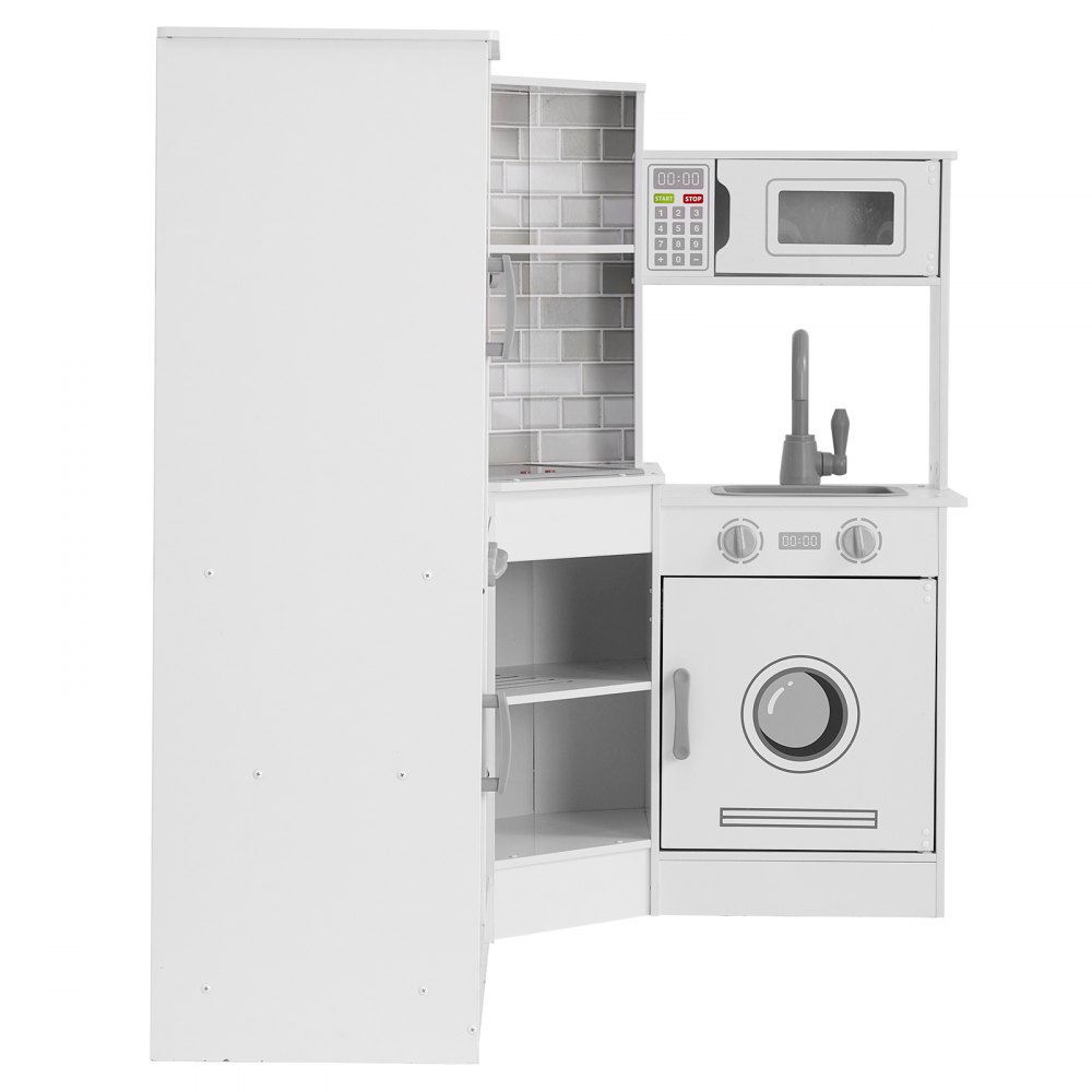 VEVOR Cocina de madera de esquina, juego de juguetes con luces y sonidos, cocina para niños pequeños con máquina de hielo, horno, fregadero, reloj, microondas, refrigerador y accesorios, para niños pequeños y preescolares, color blanco