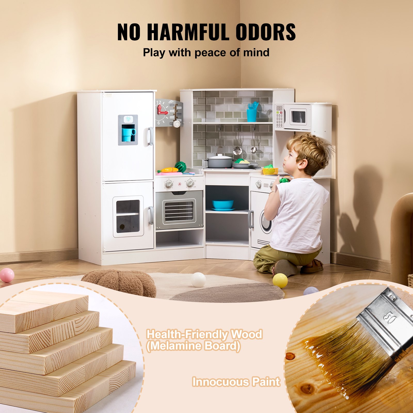 VEVOR Cocina de madera de esquina, juego de juguetes con luces y sonidos, cocina para niños pequeños con máquina de hielo, horno, fregadero, reloj, microondas, refrigerador y accesorios, para niños pequeños y preescolares, color blanco