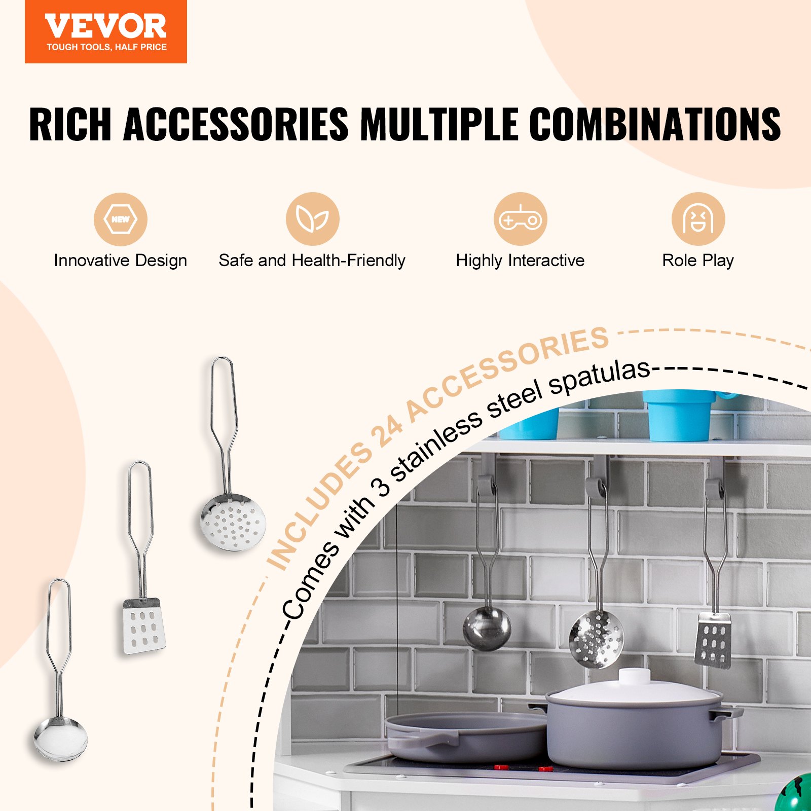 VEVOR Cocina de madera de esquina, juego de juguetes con luces y sonidos, cocina para niños pequeños con máquina de hielo, horno, fregadero, reloj, microondas, refrigerador y accesorios, para niños pequeños y preescolares, color blanco