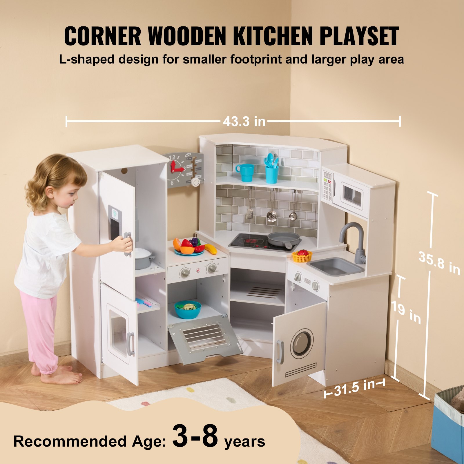 VEVOR Cocina de madera de esquina, juego de juguetes con luces y sonidos, cocina para niños pequeños con máquina de hielo, horno, fregadero, reloj, microondas, refrigerador y accesorios, para niños pequeños y preescolares, color blanco