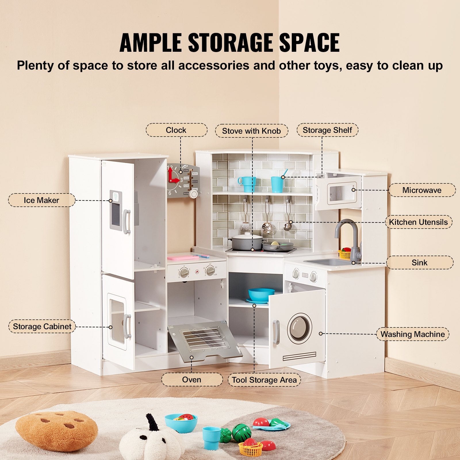 VEVOR Cocina de madera de esquina, juego de juguetes con luces y sonidos, cocina para niños pequeños con máquina de hielo, horno, fregadero, reloj, microondas, refrigerador y accesorios, para niños pequeños y preescolares, color blanco